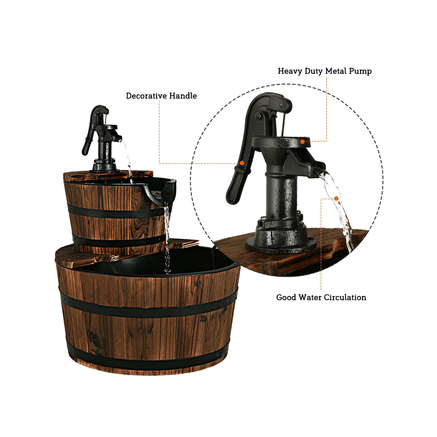 2 Tier Barrel Waterfall Fountain Barrel Wooden Water Fountain Pump Garde