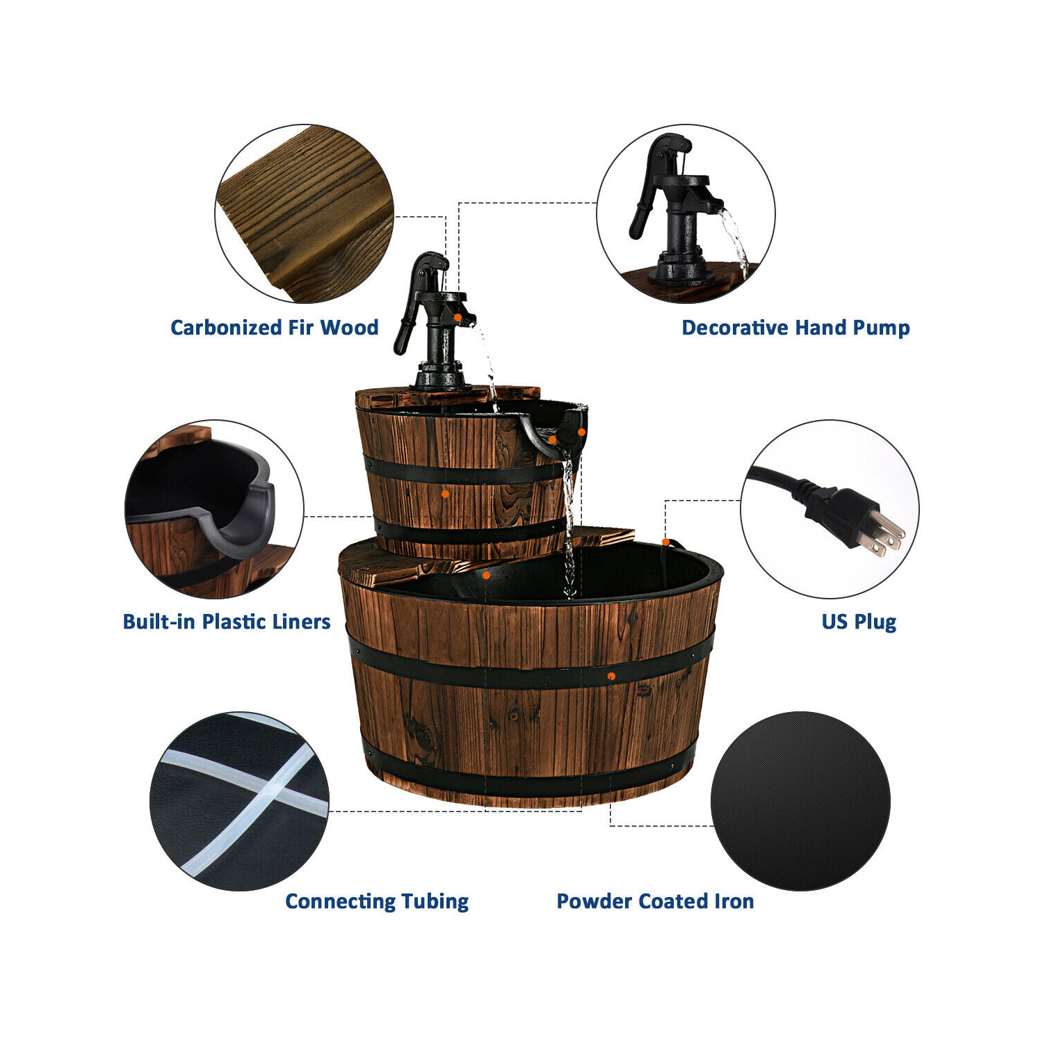 2 Tier Barrel Waterfall Fountain Barrel Wooden Water Fountain Pump Garde