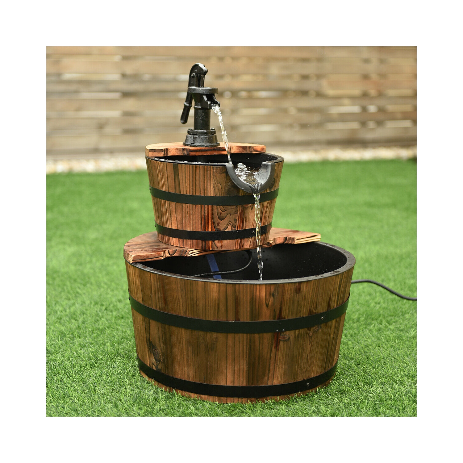2 Tier Barrel Waterfall Fountain Barrel Wooden Water Fountain Pump Garde