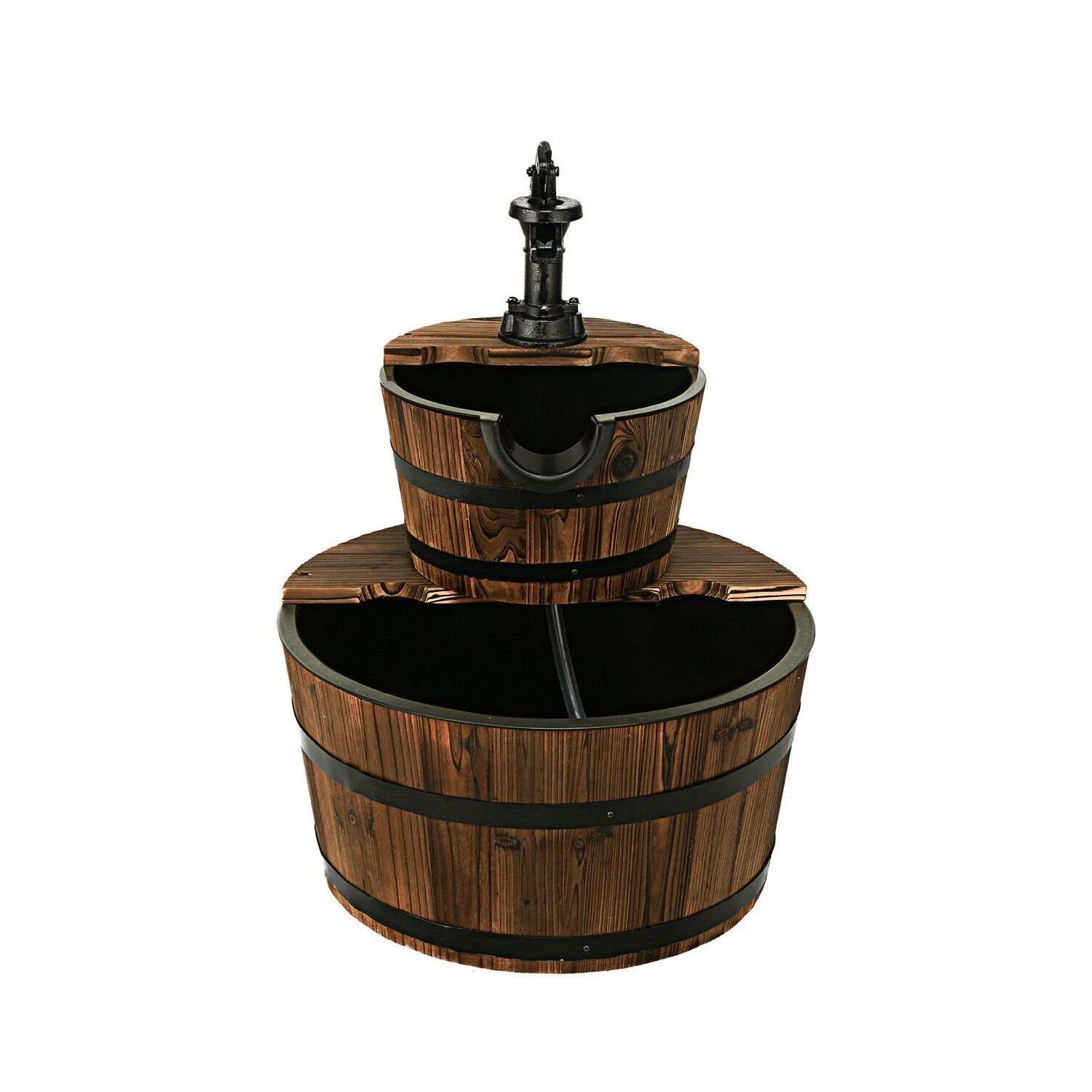 2 Tier Barrel Waterfall Fountain Barrel Wooden Water Fountain Pump Garde