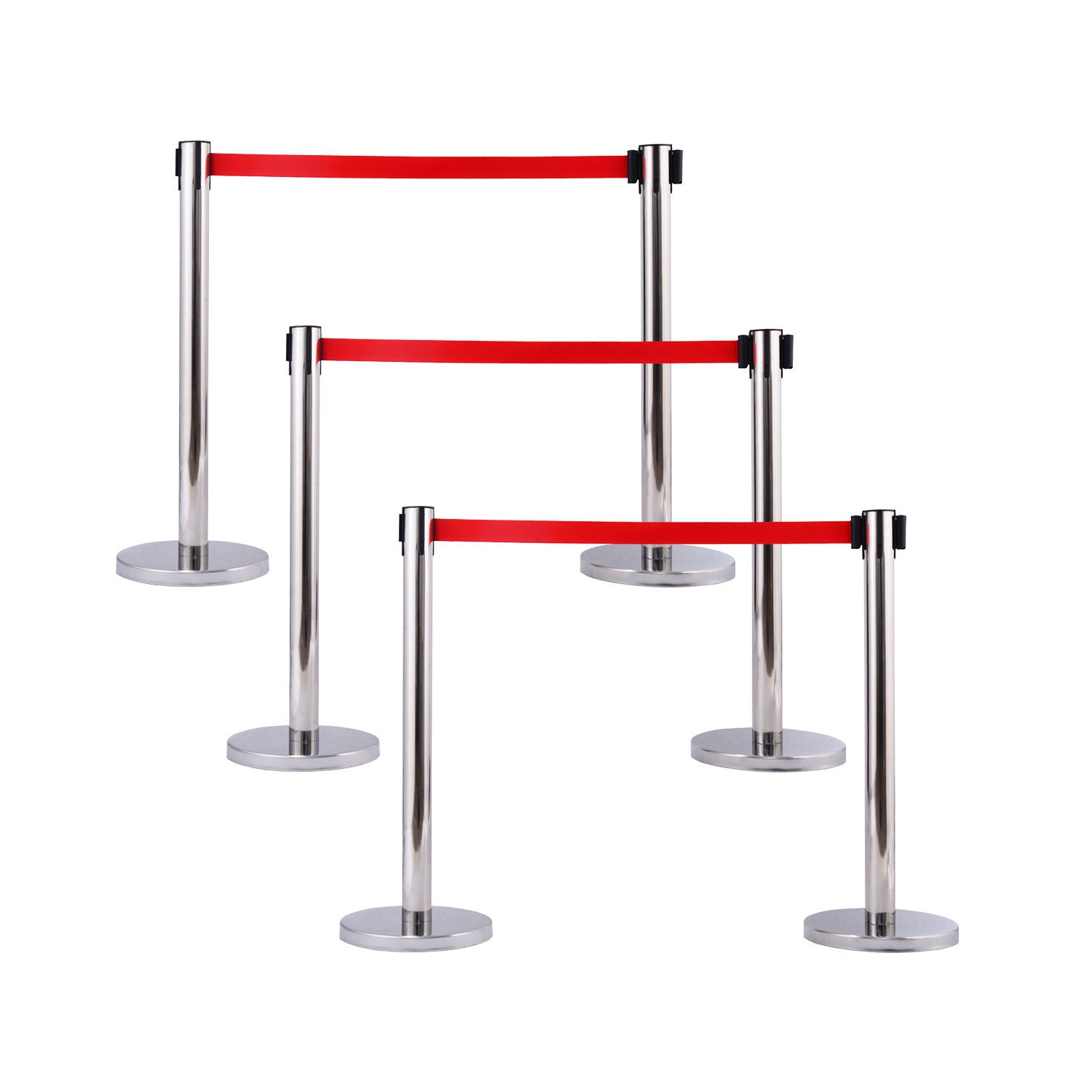 Costway 6Pcs Stanchion Posts Queue Pole Retractable Red Belt Crowd Control Barrier
