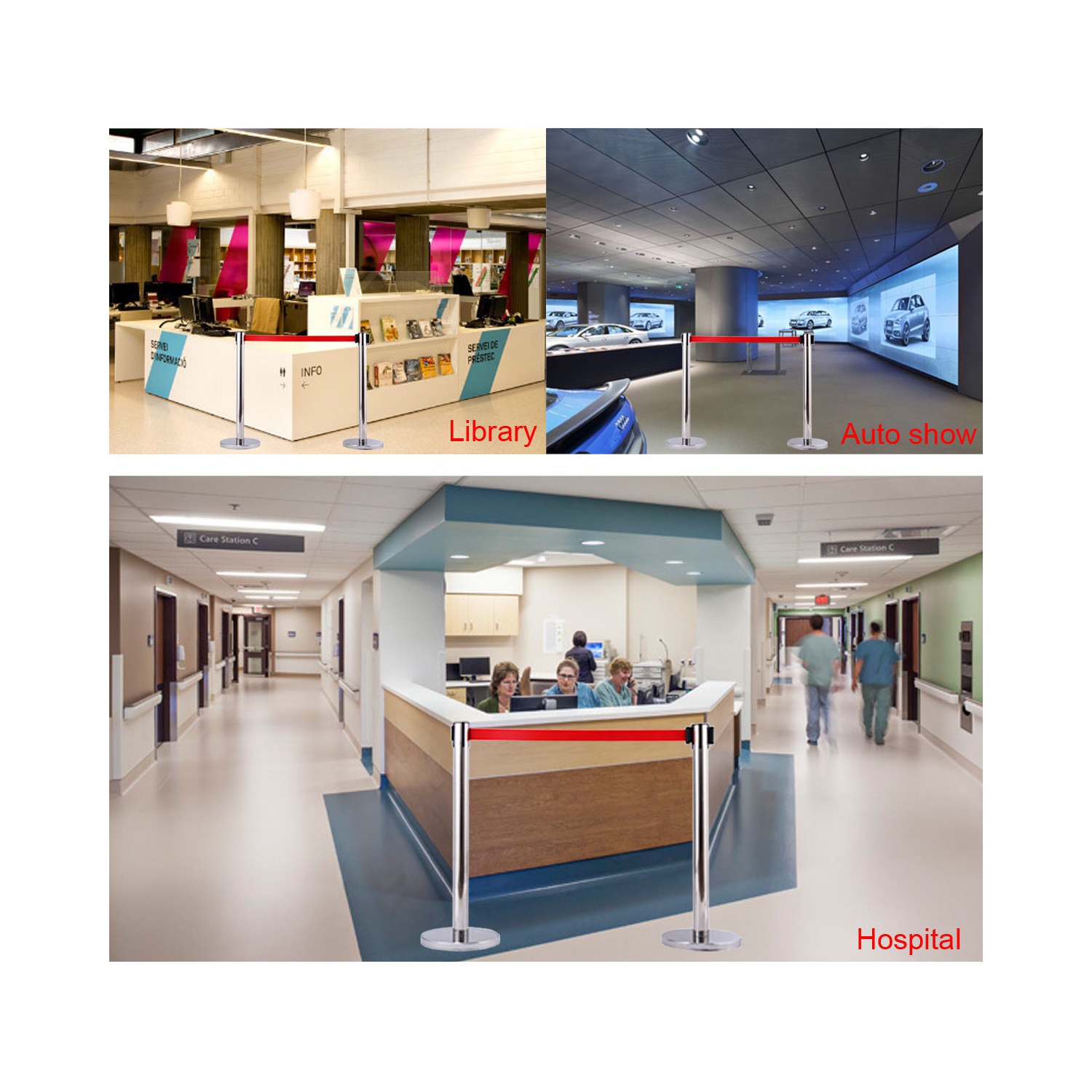 Costway 6Pcs Stanchion Posts Queue Pole Retractable Red Belt Crowd Control Barrier