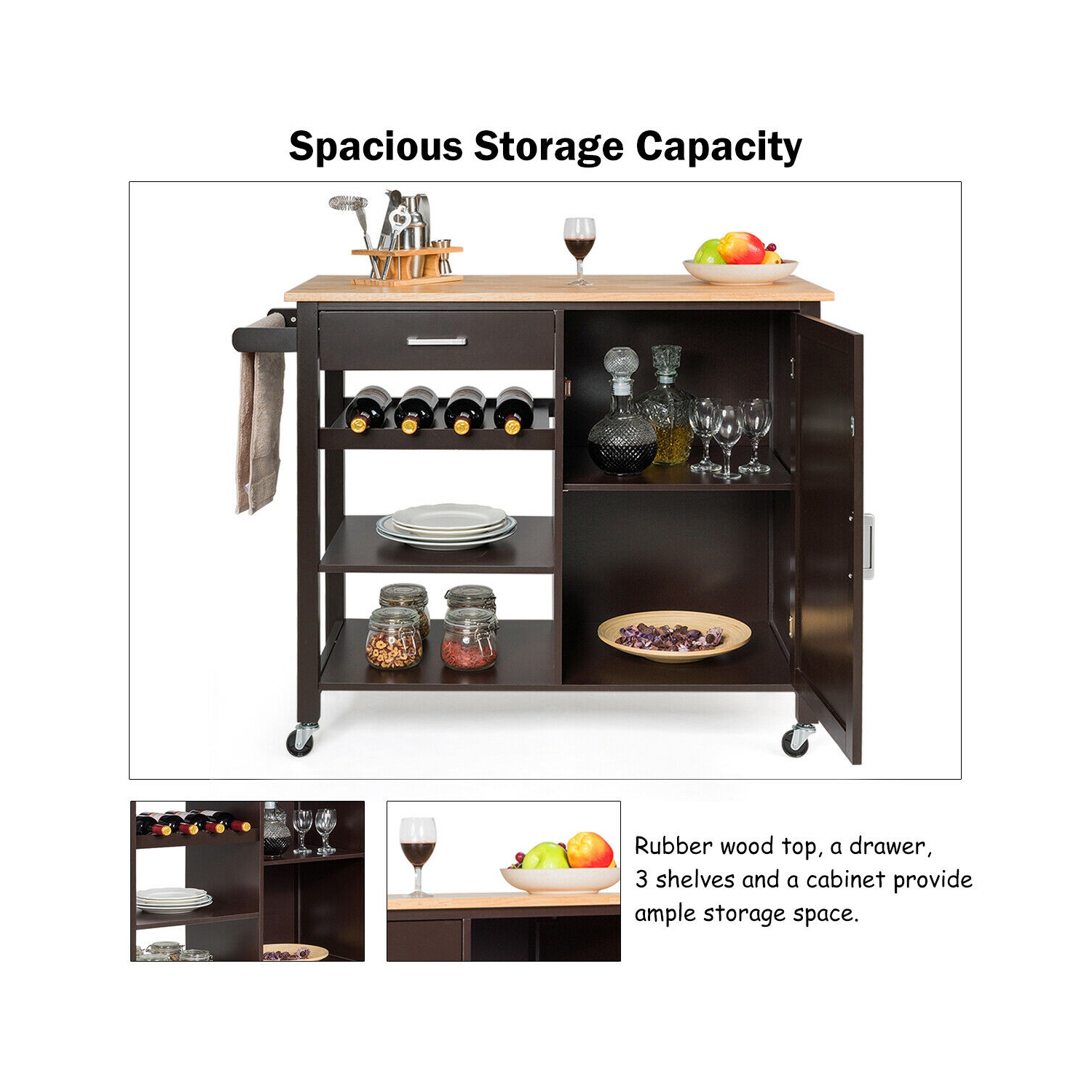 Costway 4-Tier Wood Kitchen Island Trolley Cart Storage Cabinet w/ Wine Rack & Drawer