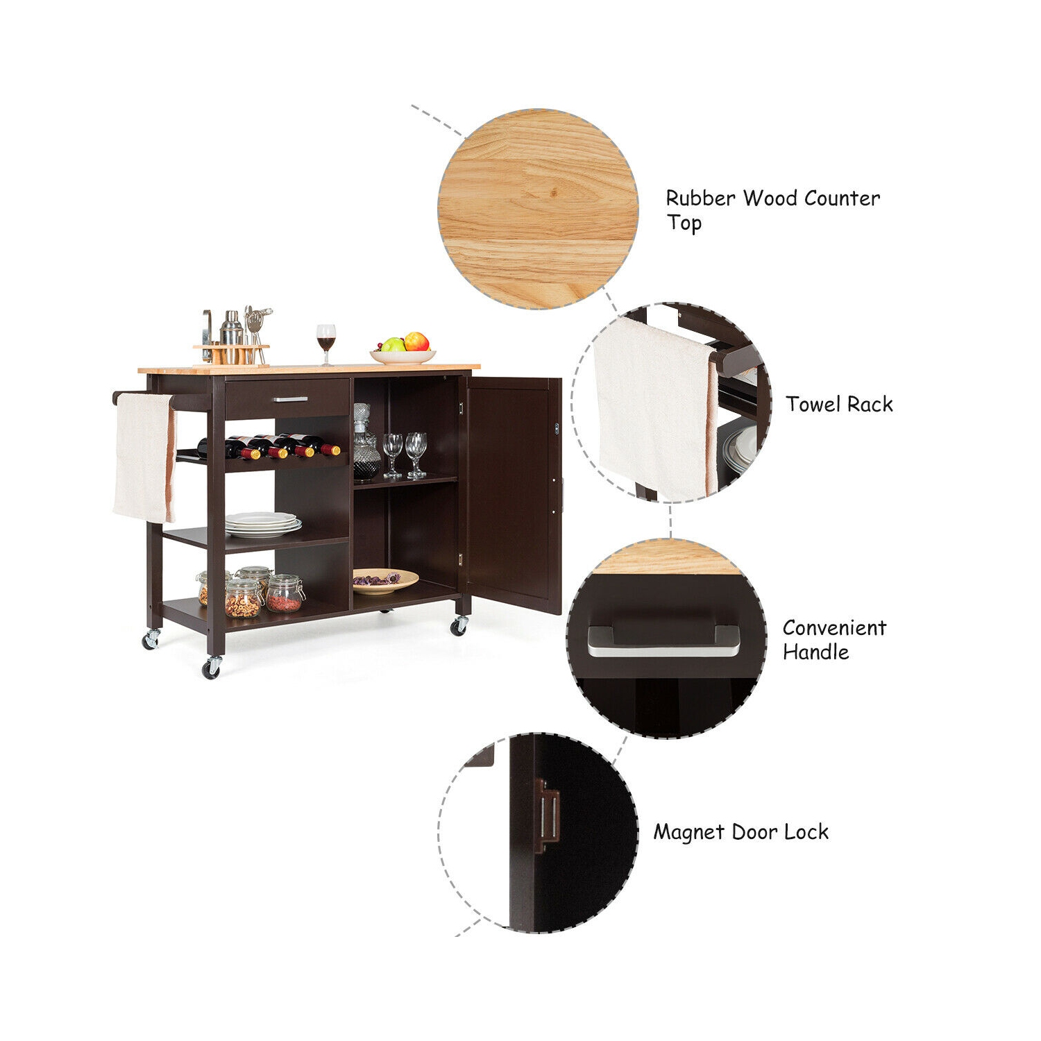 Costway 4-Tier Wood Kitchen Island Trolley Cart Storage Cabinet w/ Wine Rack & Drawer