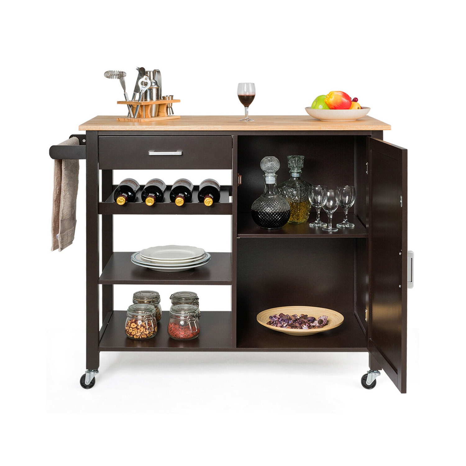 Costway 4-Tier Wood Kitchen Island Trolley Cart Storage Cabinet w/ Wine Rack & Drawer