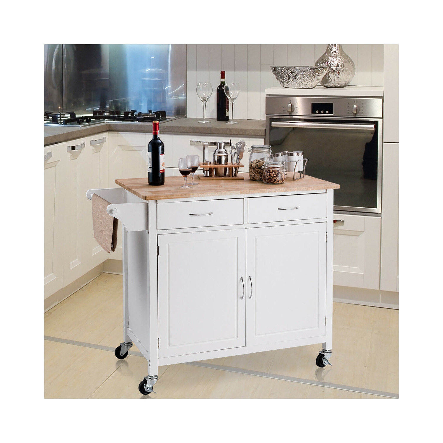 Rolling Kitchen Cart Island Wood Top Storage Trolley Cabinet Utility