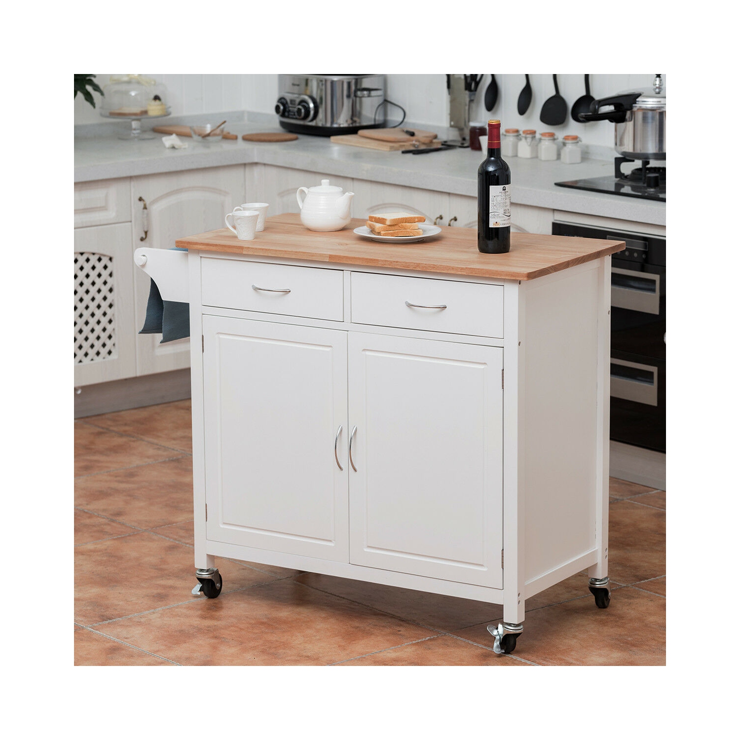 Rolling Kitchen Cart Island Wood Top Storage Trolley Cabinet Utility