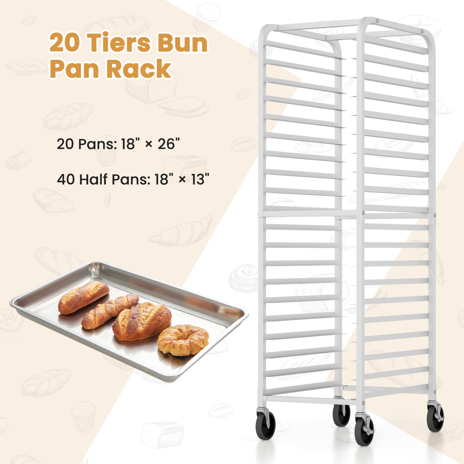 Costway 20-tier Bun Pan Speed Rack with Lockable Rubber Wheels 3" Spacing for Kitchen