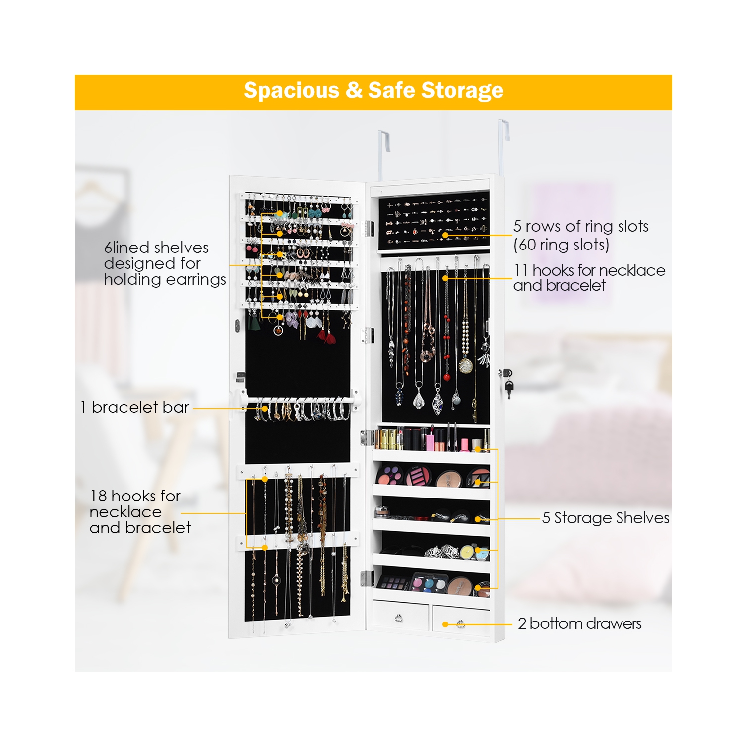 Armoire à bijoux avec armoire murale verrouillable et éclairage DEL de Costway avec armoire à bijoux