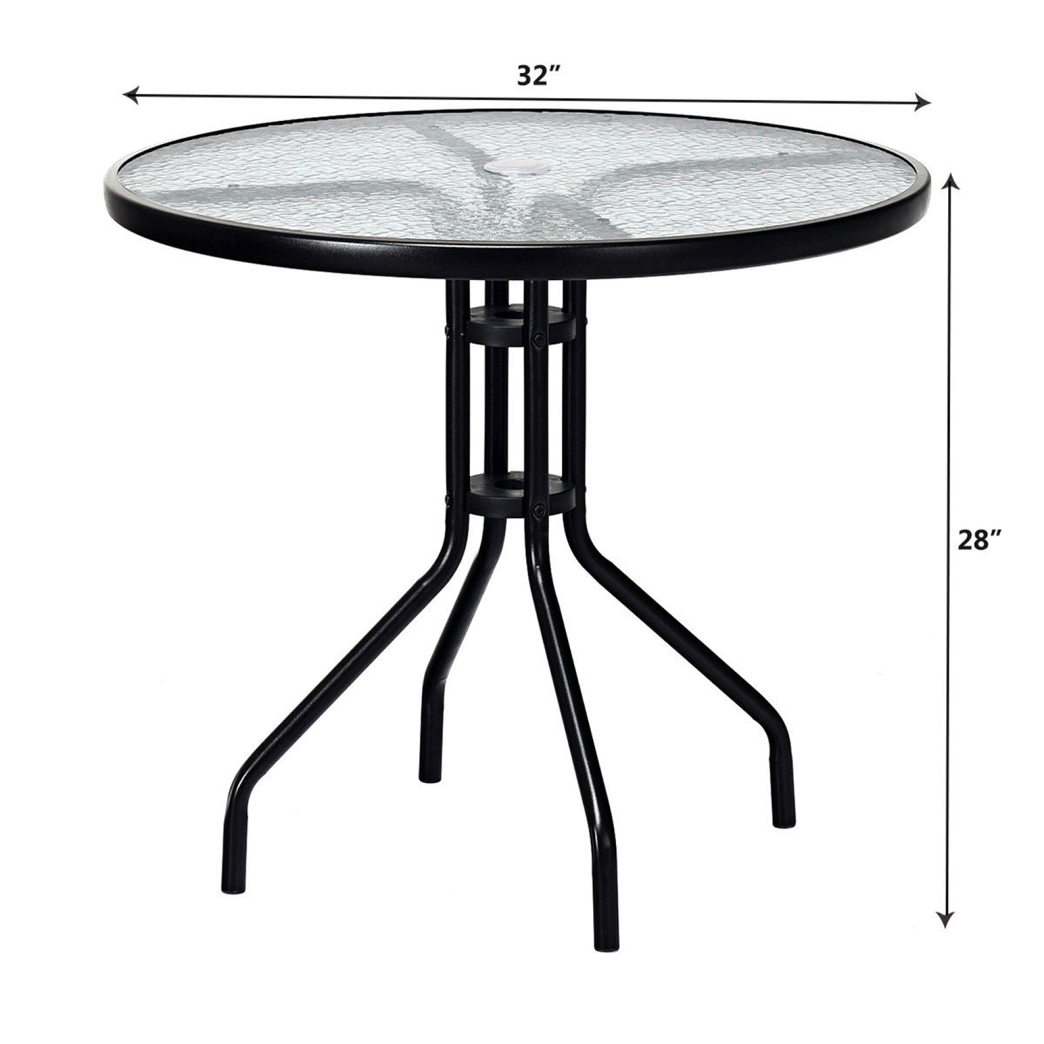 Table ronde de patio de 32 po avec surface en verre trempé et cadre en acier avec trou de parasol de Costway