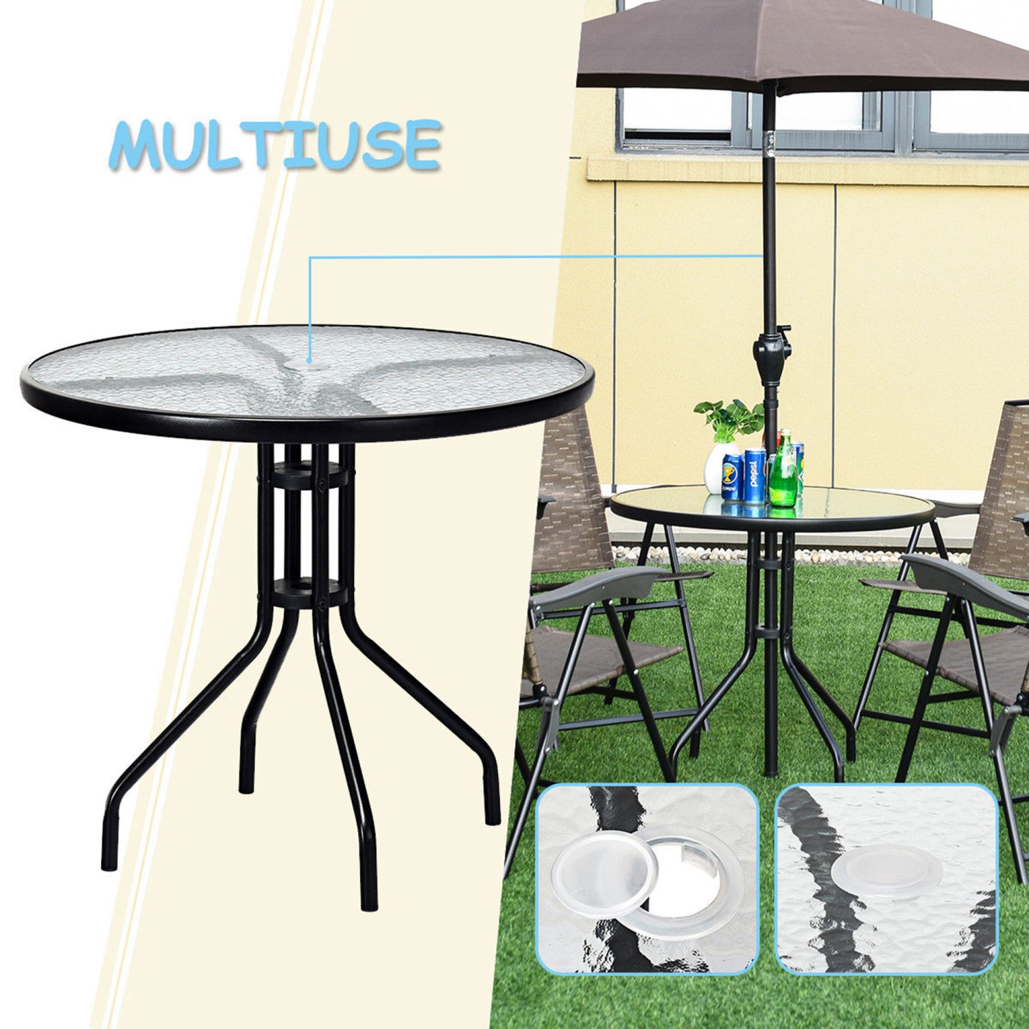 Table ronde de patio de 32 po avec surface en verre trempé et cadre en acier avec trou de parasol de Costway