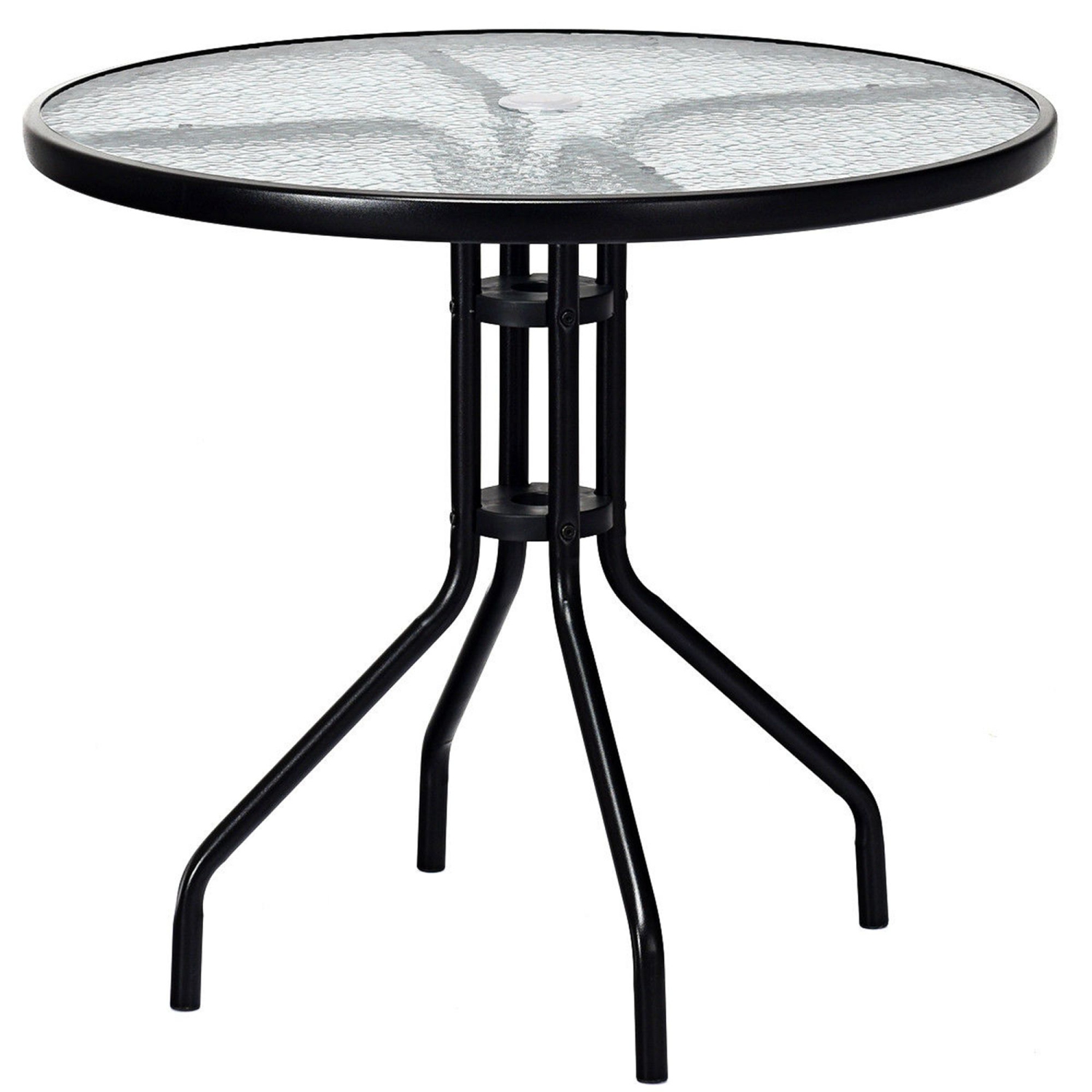 Table ronde de patio de 32 po avec surface en verre trempé et cadre en acier avec trou de parasol de Costway