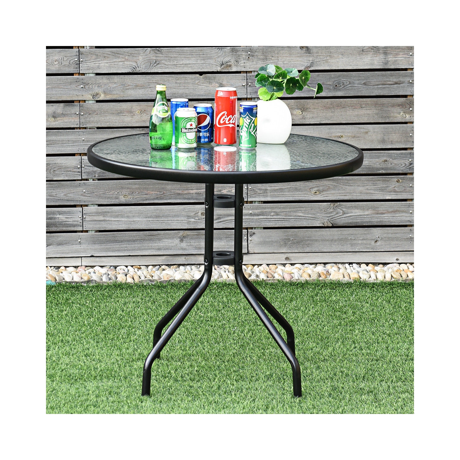 Table ronde de patio de 32 po avec surface en verre trempé et cadre en acier avec trou de parasol de Costway