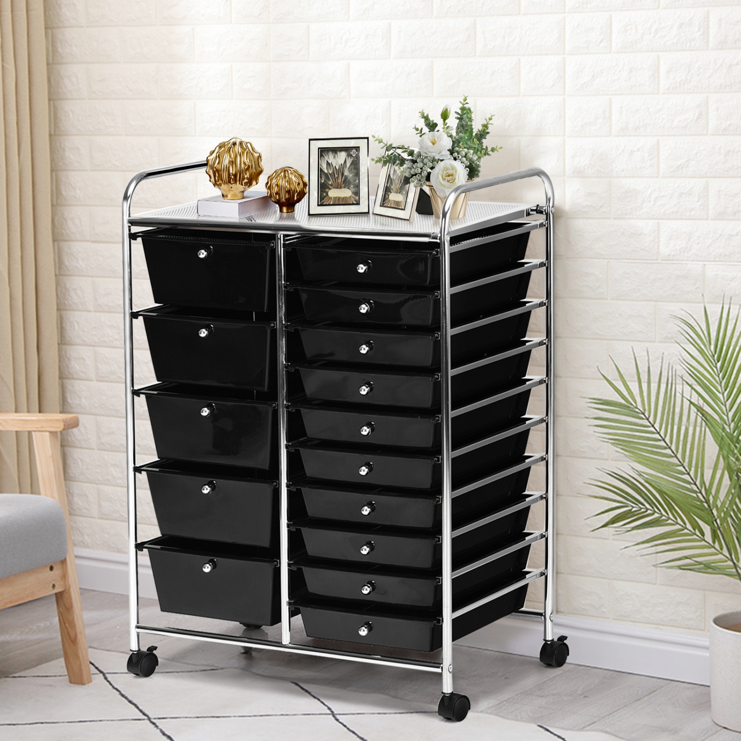 Costway 15 Drawer Rolling Organizer Cart Utility Storage Tools Scrapbook Paper Multi-Use