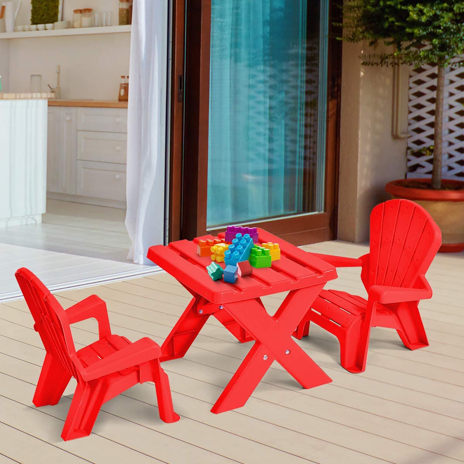 Costway Plastic Children Kids Table & Chair Set 3-Piece Play Furniture In/ Outdoor Red