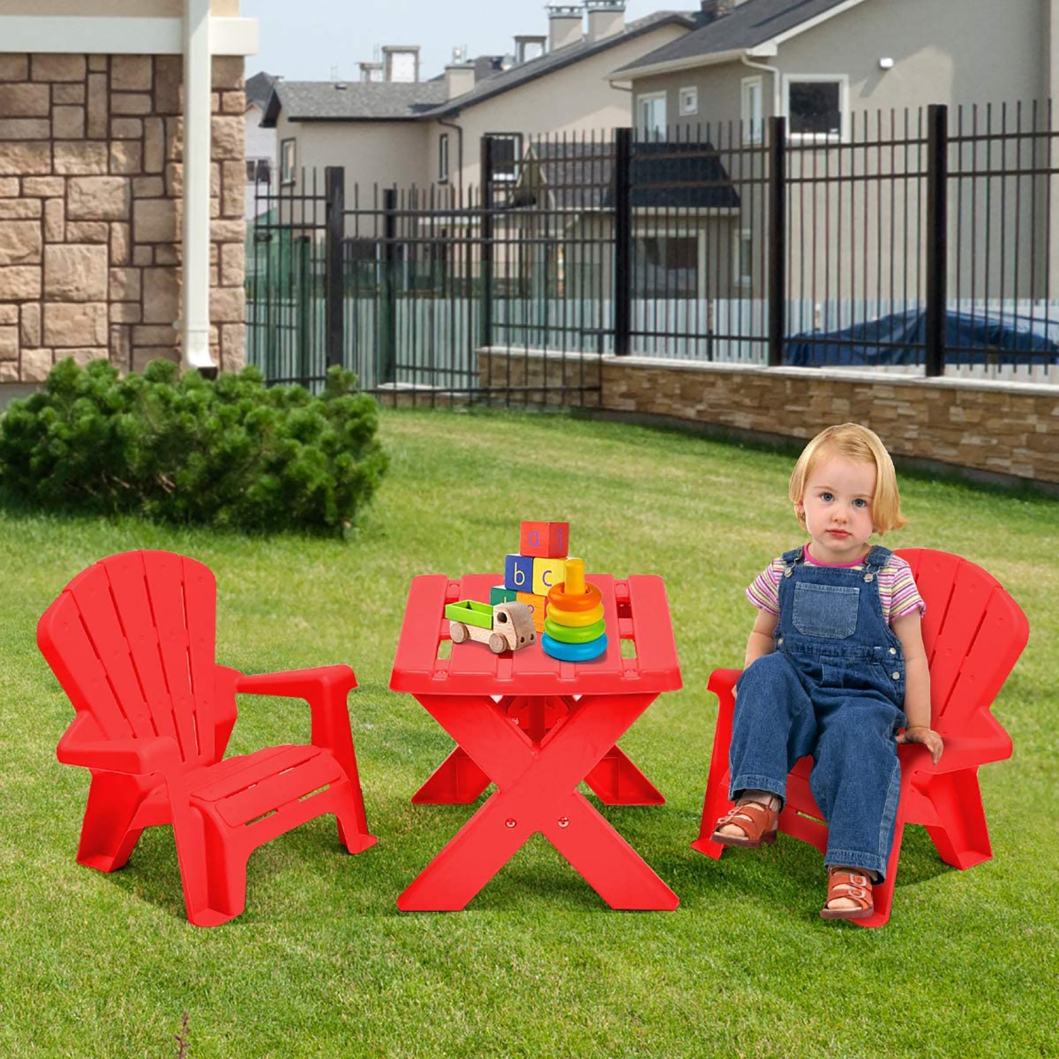 Costway Plastic Children Kids Table & Chair Set 3-Piece Play Furniture In/ Outdoor Red