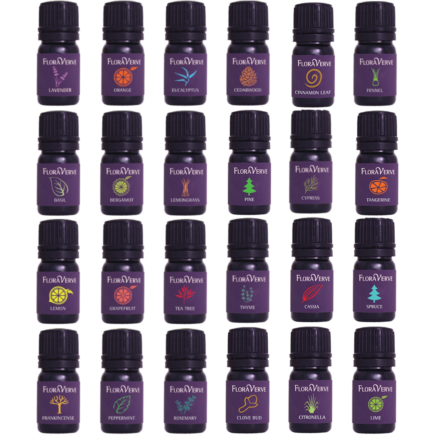 Floraverve Essential Verve & Vigor Pack, Aromatherapy Essential Oils Top 24 Scents Starter Kit, 24 X 5mL