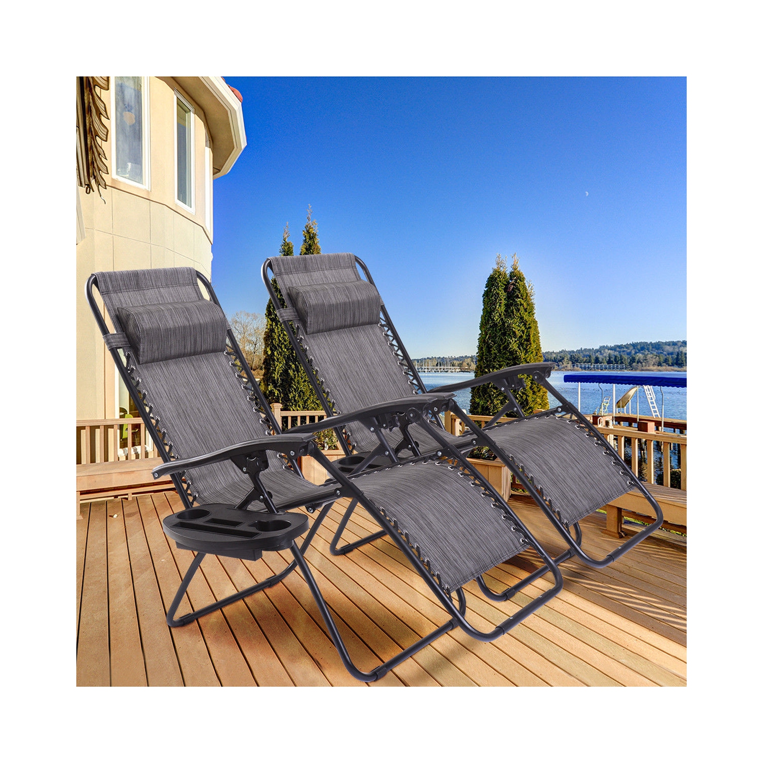 Lot de 2 chaises longues avec porte-gobelets