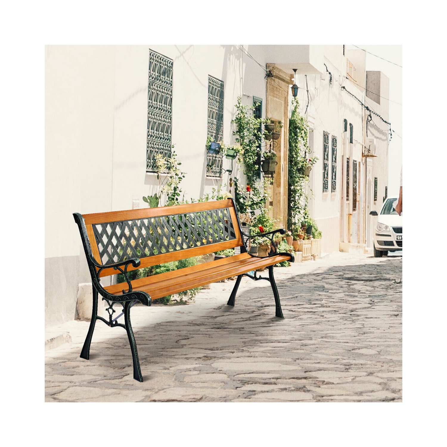 Patio Park Garden Bench Porch Path Chair Deck Cast Iron Hardwood