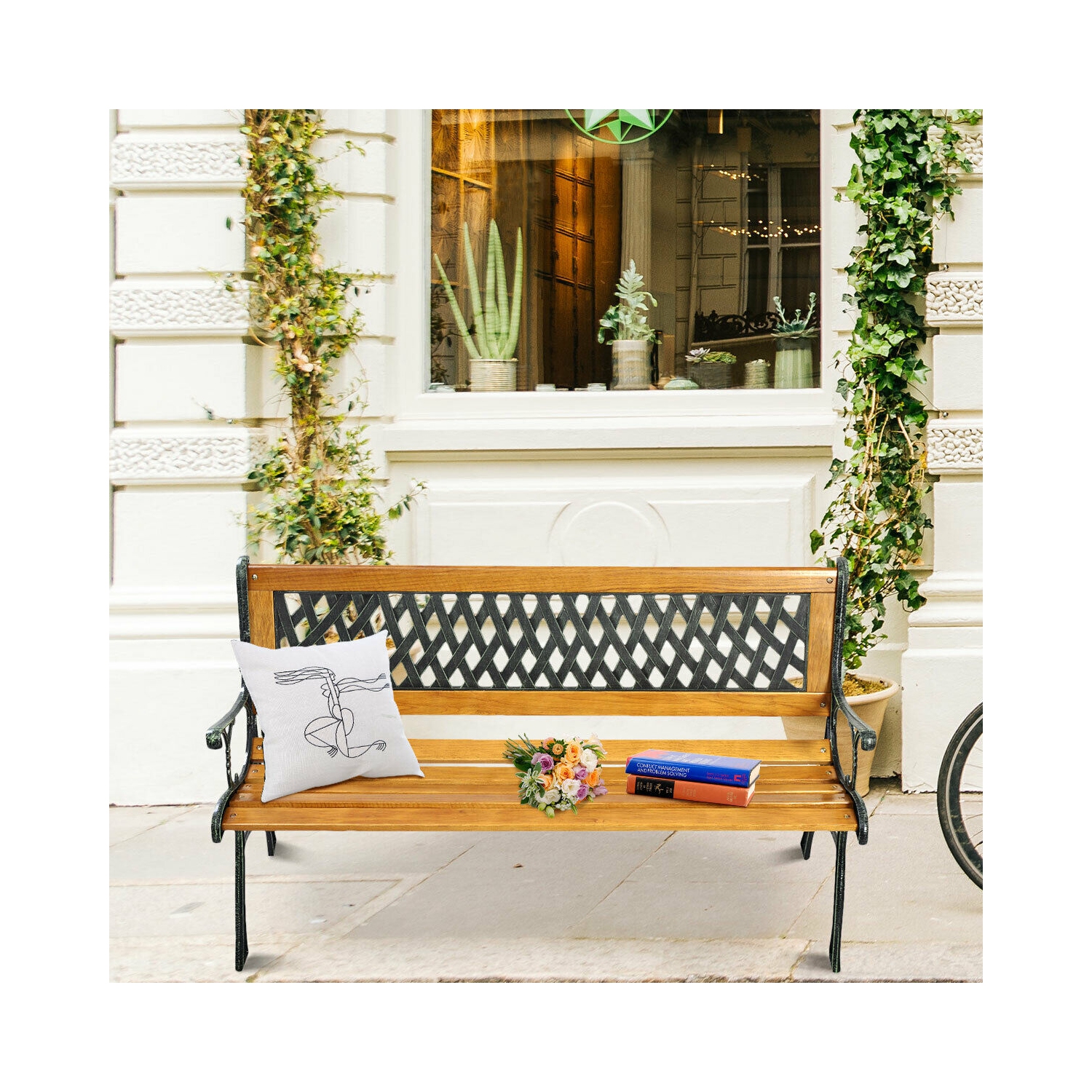 Patio Park Garden Bench Porch Path Chair Deck Cast Iron Hardwood