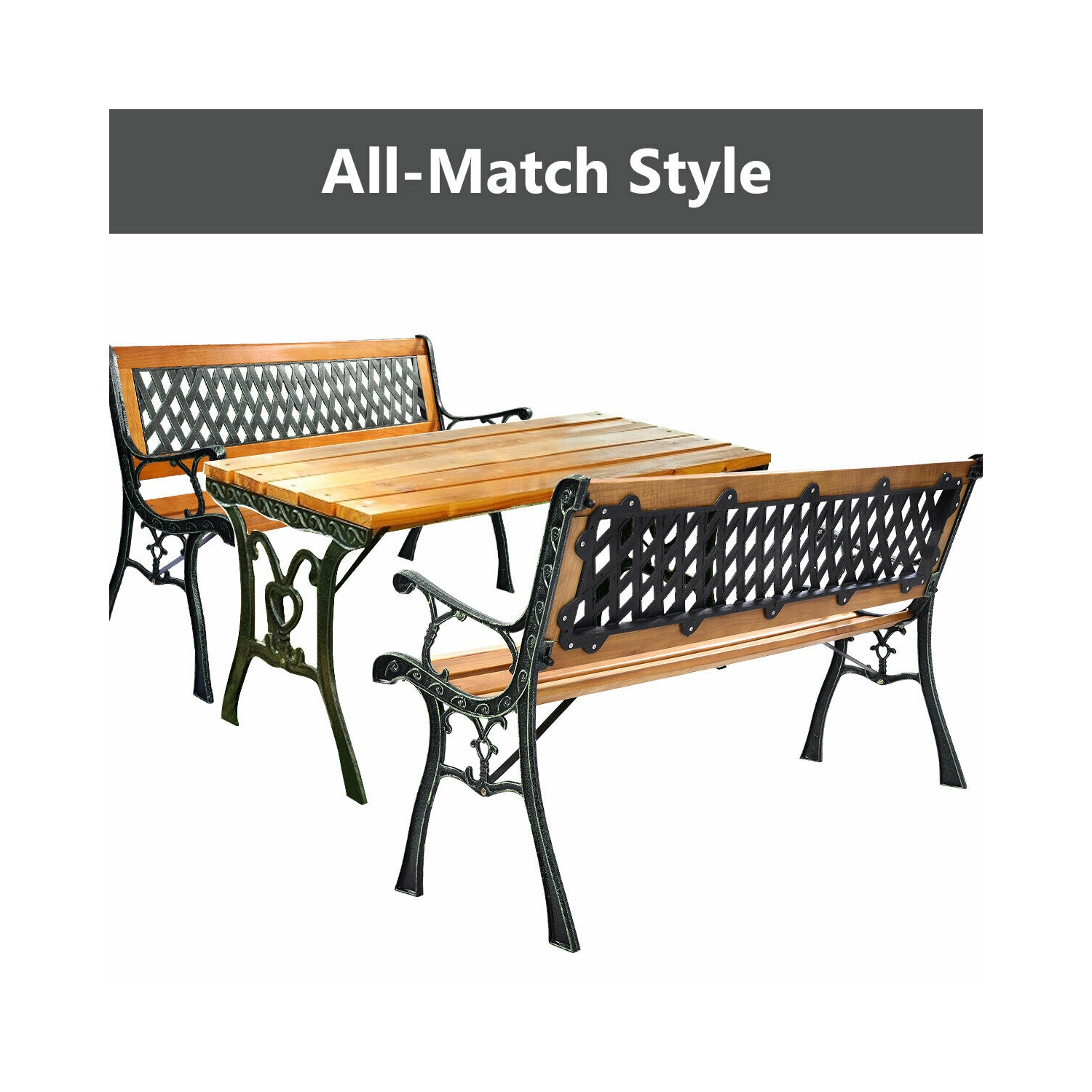 Patio Park Garden Bench Porch Path Chair Deck Cast Iron Hardwood