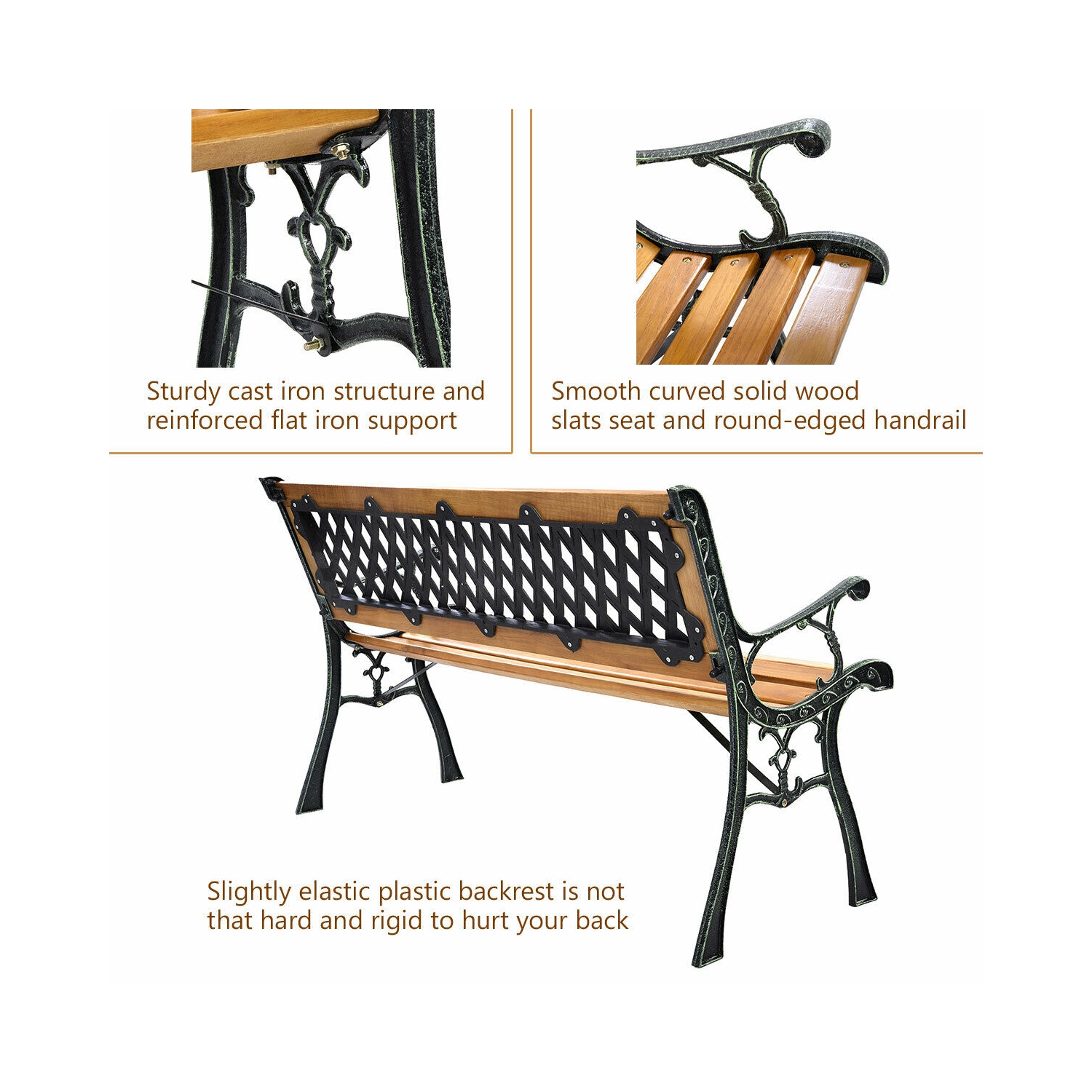 Patio Park Garden Bench Porch Path Chair Deck Cast Iron Hardwood