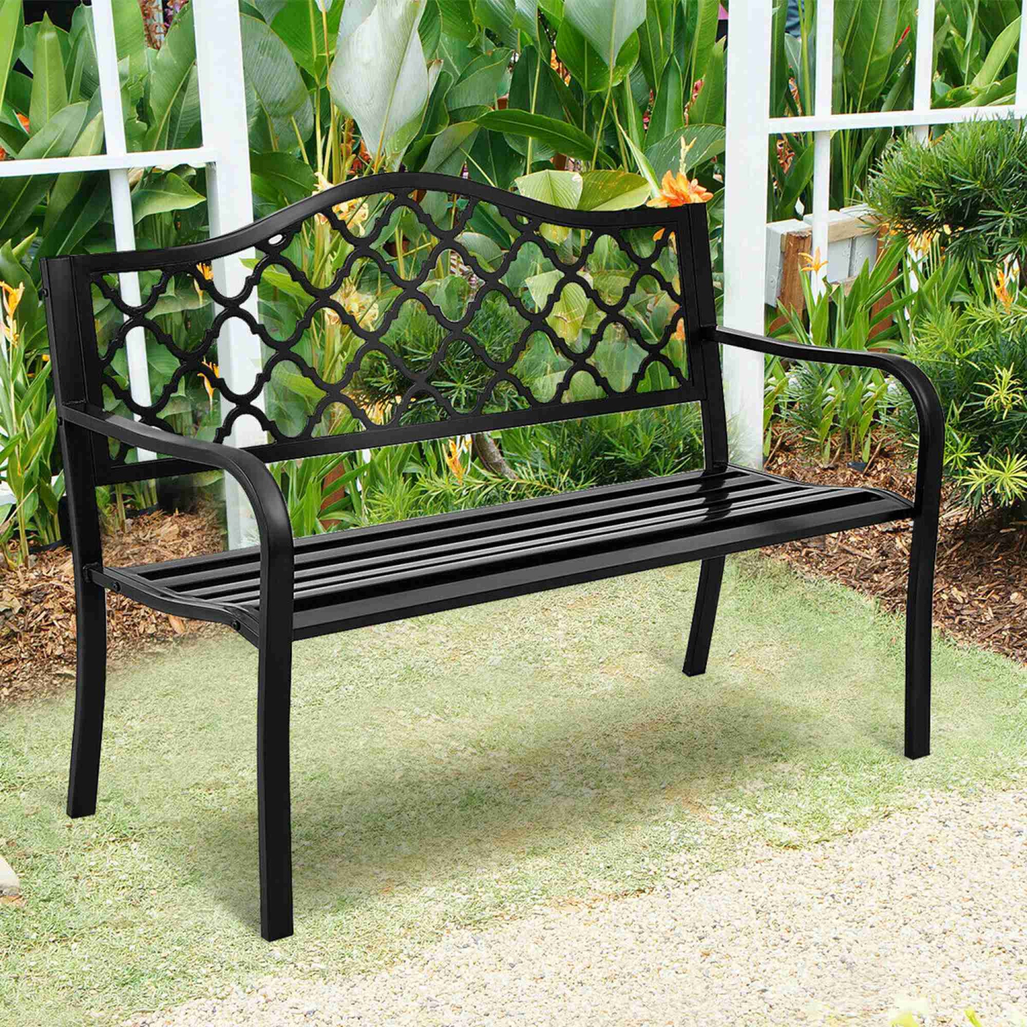 Costway 50" Patio Garden Bench Loveseats Park Yard Furniture Decor Cast Iron Frame Black