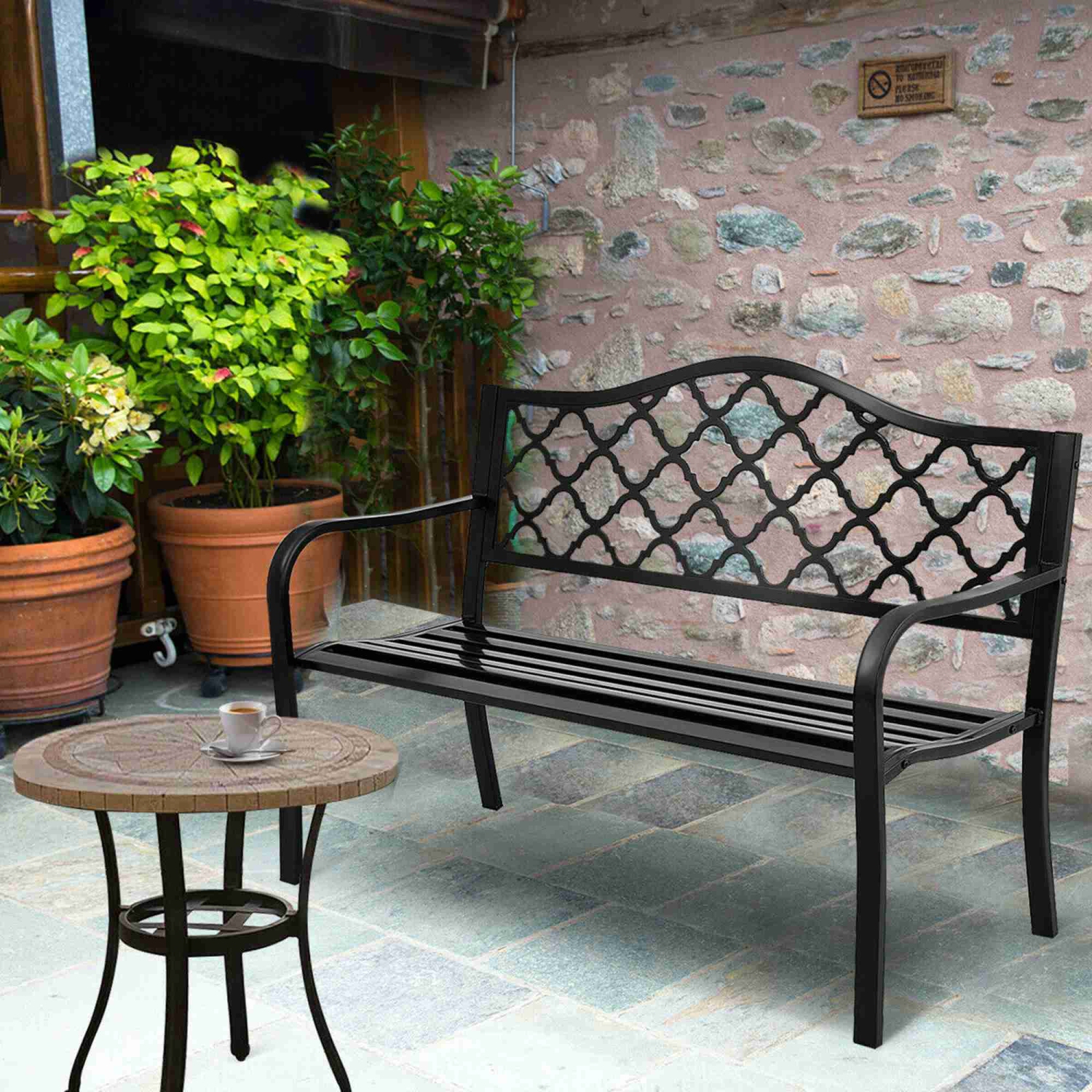Costway 50" Patio Garden Bench Loveseats Park Yard Furniture Decor Cast Iron Frame Black