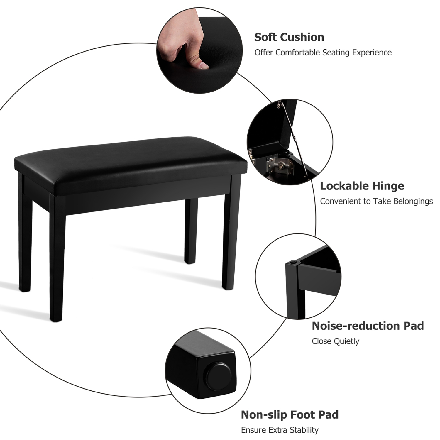 Costway Solid Wood PU Leather Piano Bench Padded Double Duet Keyboard Seat Storage Black