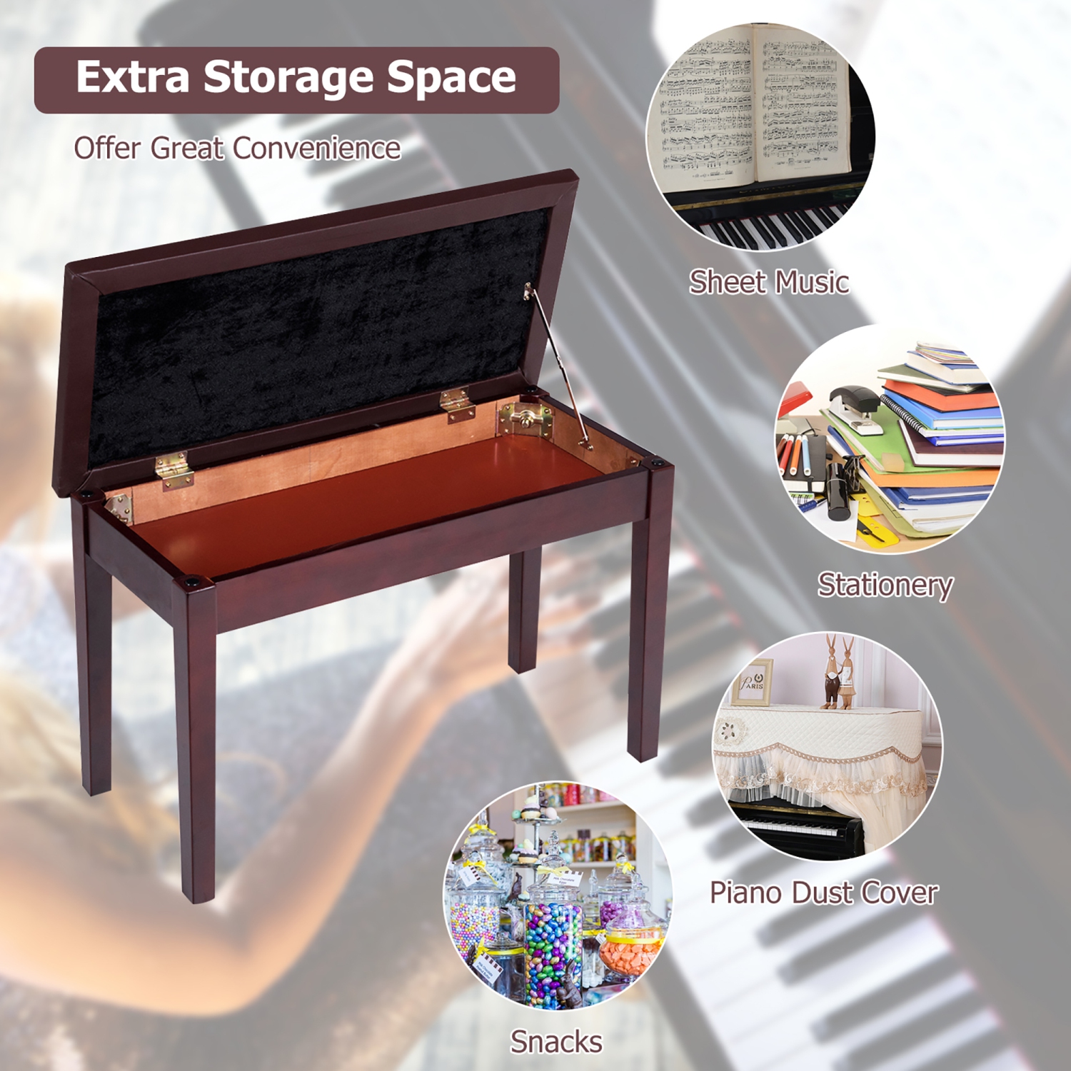 Costway – Banc de piano rembourré en bois massif et cuir PU, siège de clavier double rembourré, fini brun avec rangement