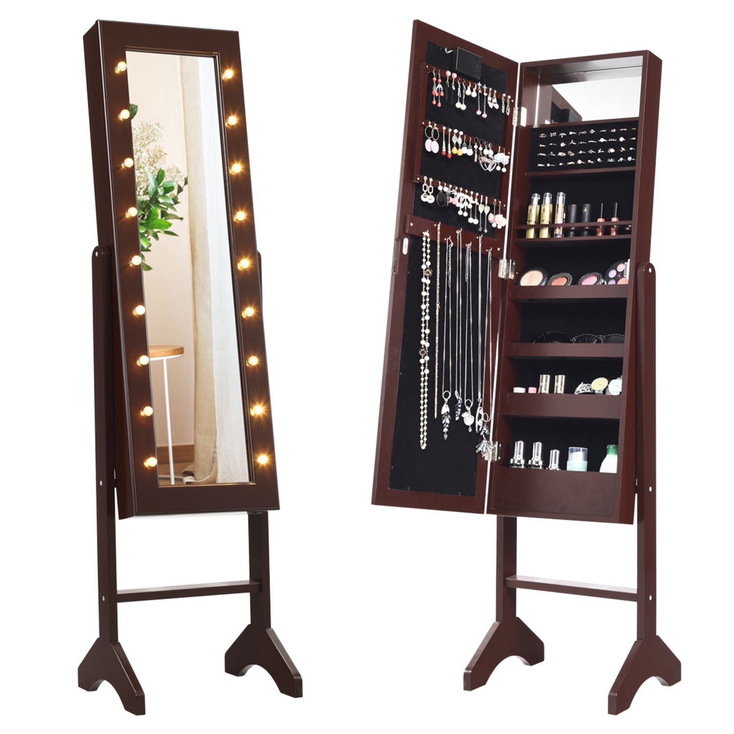 Armoire à bijoux avec miroir et rangement autoportant de Costway avec 18 LED clair brun