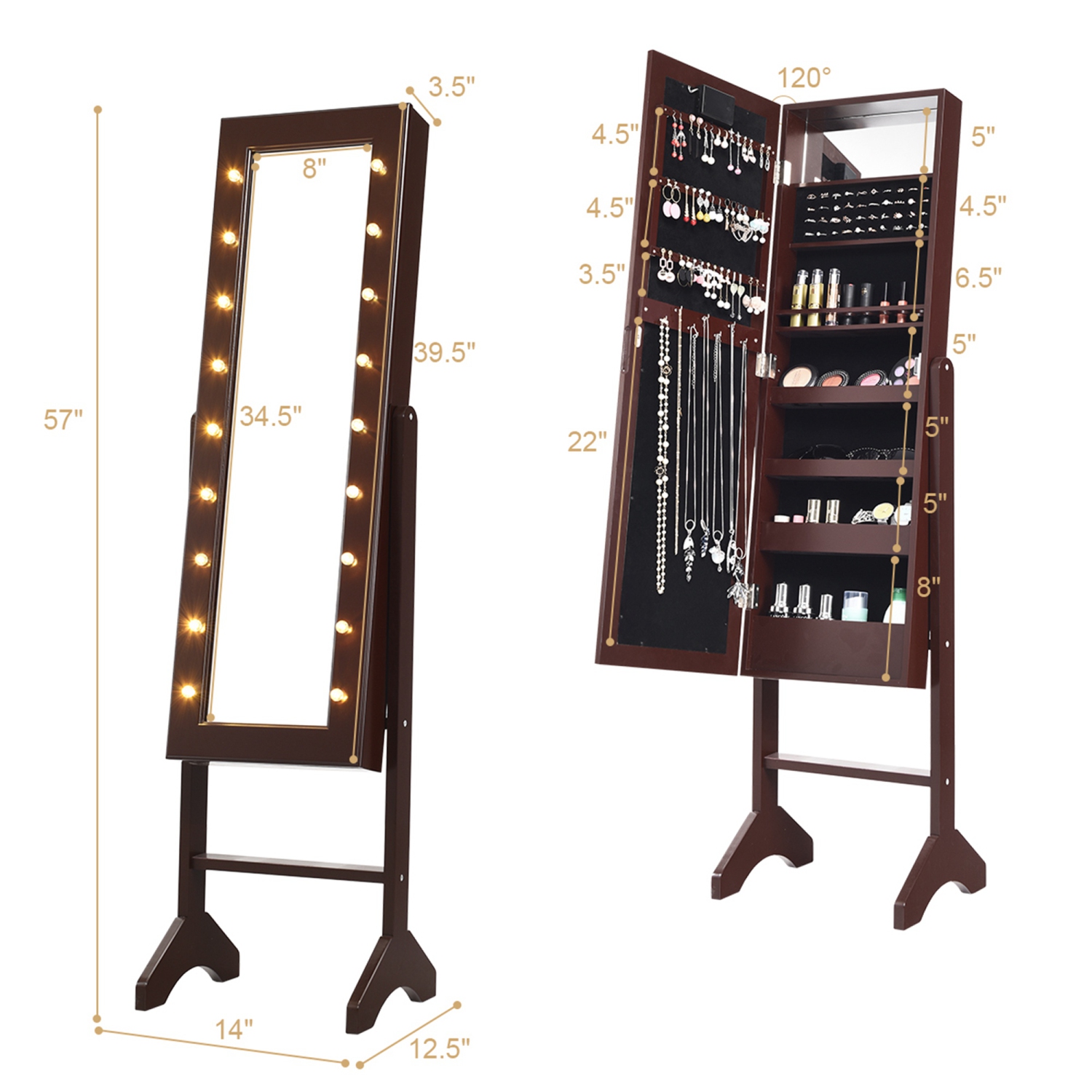 Armoire à bijoux avec miroir et rangement autoportant de Costway avec 18 LED clair brun