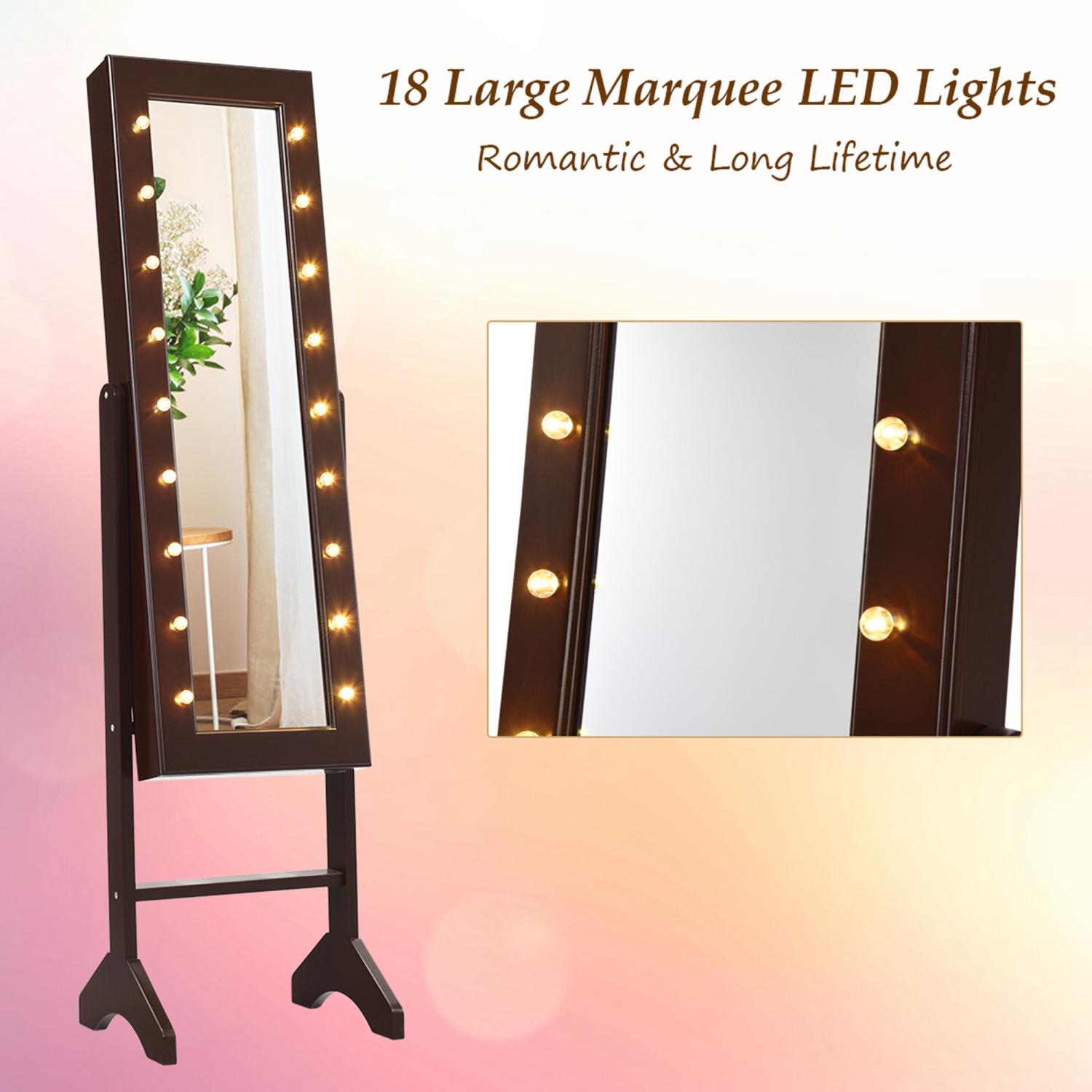 Armoire à bijoux avec miroir et rangement autoportant de Costway avec 18 LED clair brun