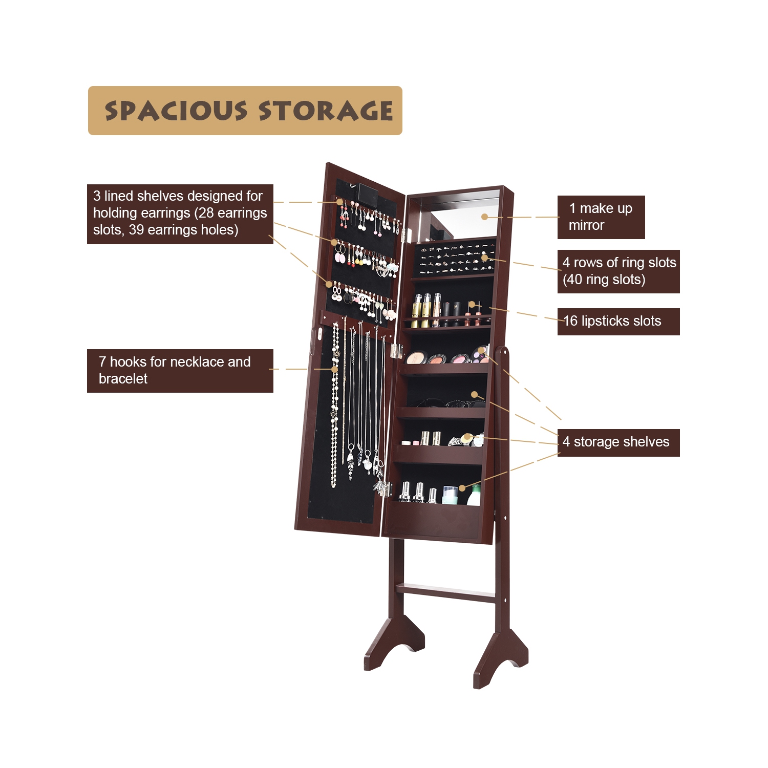 Armoire à bijoux avec miroir et rangement autoportant de Costway avec 18 LED clair brun