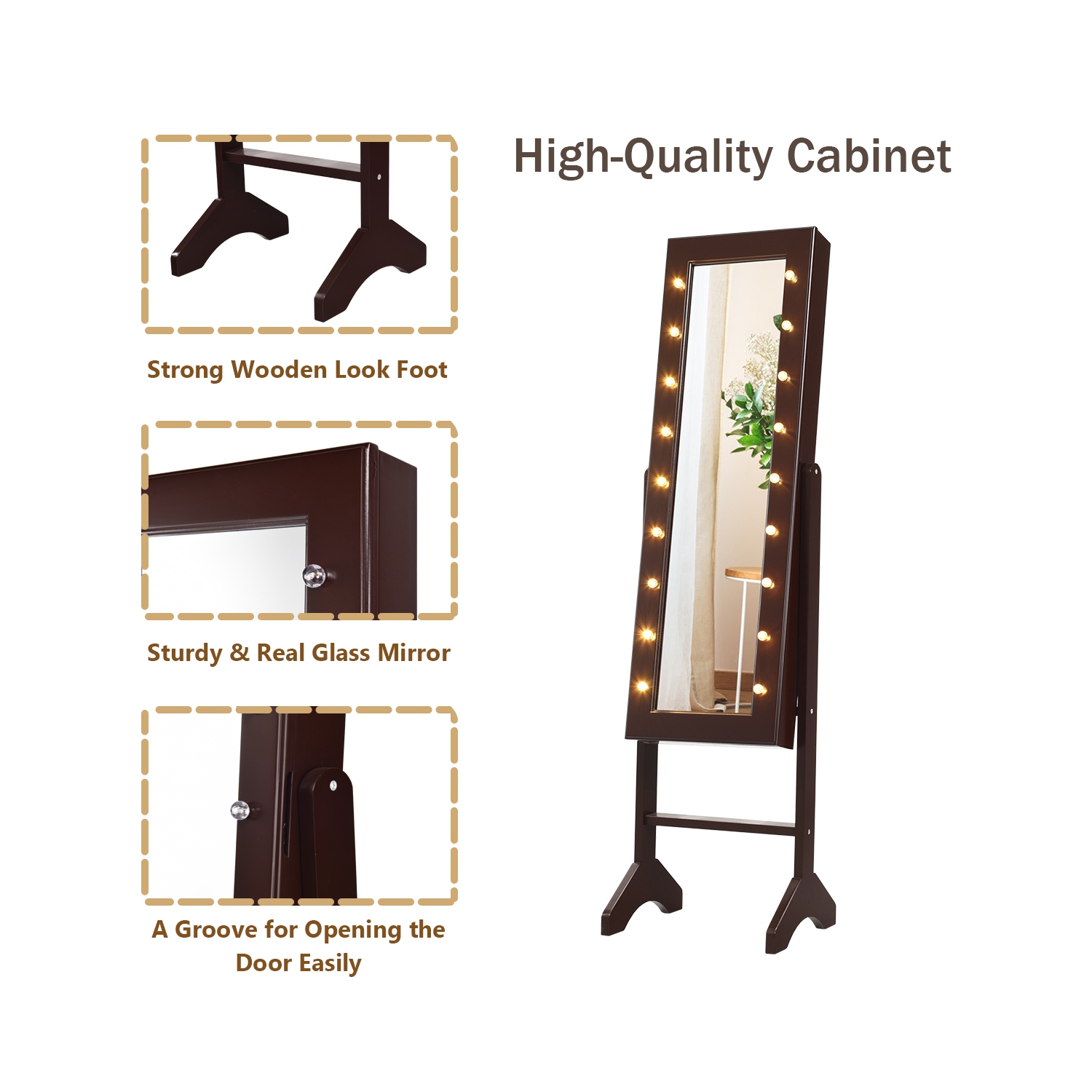 Armoire à bijoux avec miroir et rangement autoportant de Costway avec 18 LED clair brun