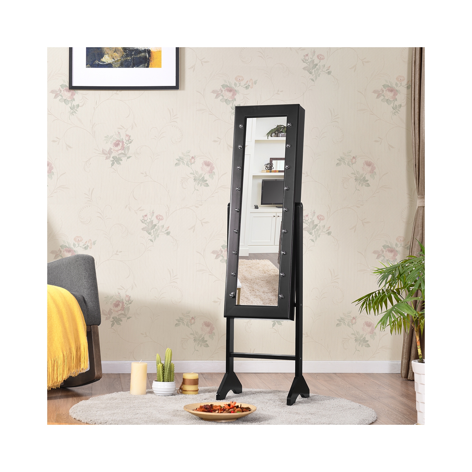 Armoire de bijoux en miroir Armoire Organisateur autoportant avec 18 lumières LED Noir