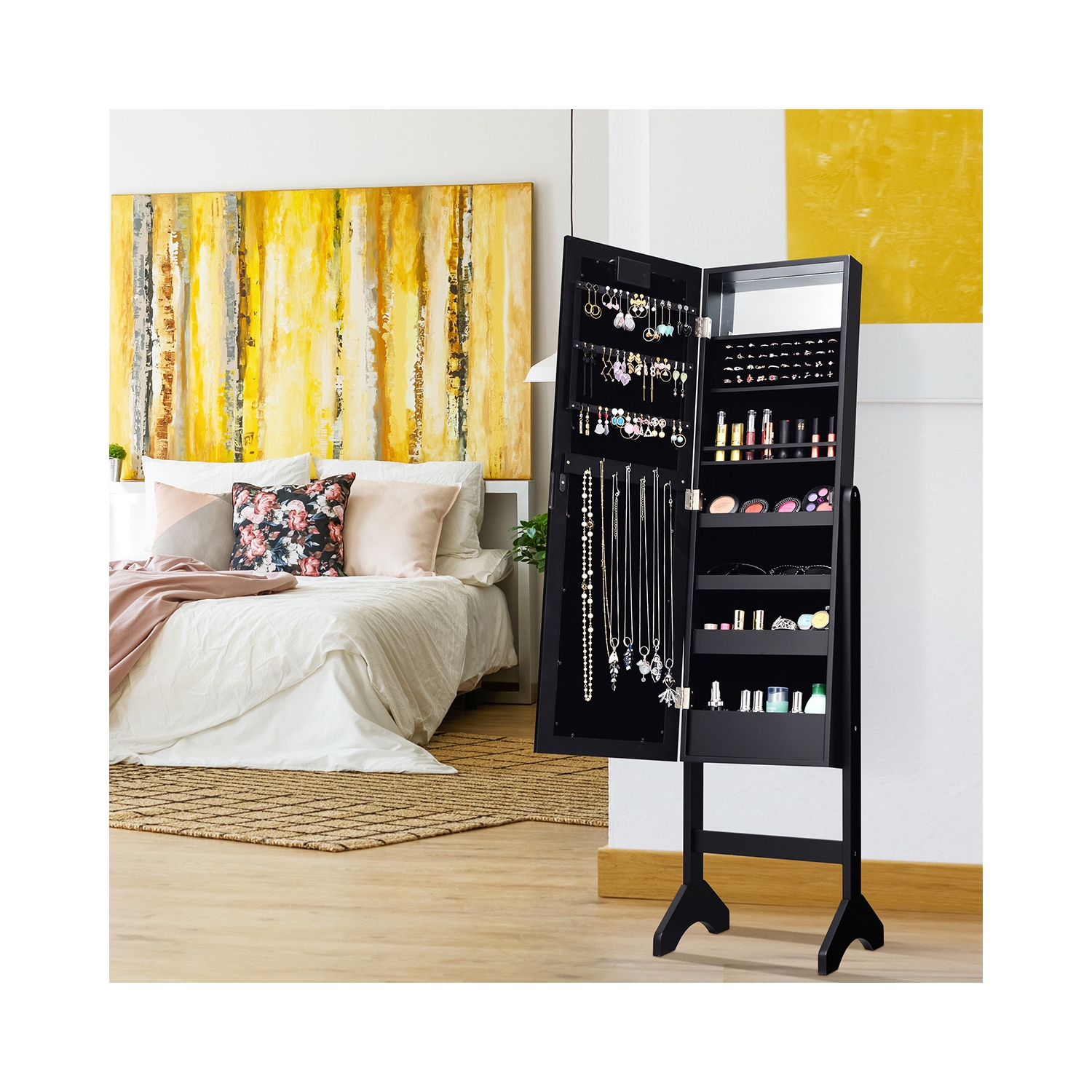 Armoire de bijoux en miroir Armoire Organisateur autoportant avec 18 lumières LED Noir