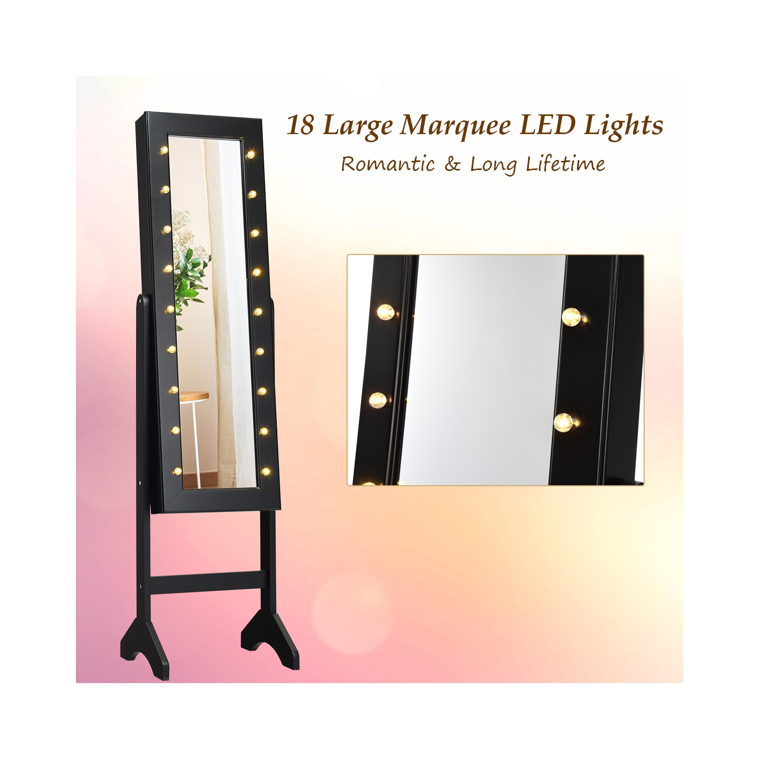 Armoire de bijoux en miroir Armoire Organisateur autoportant avec 18 lumières LED Noir
