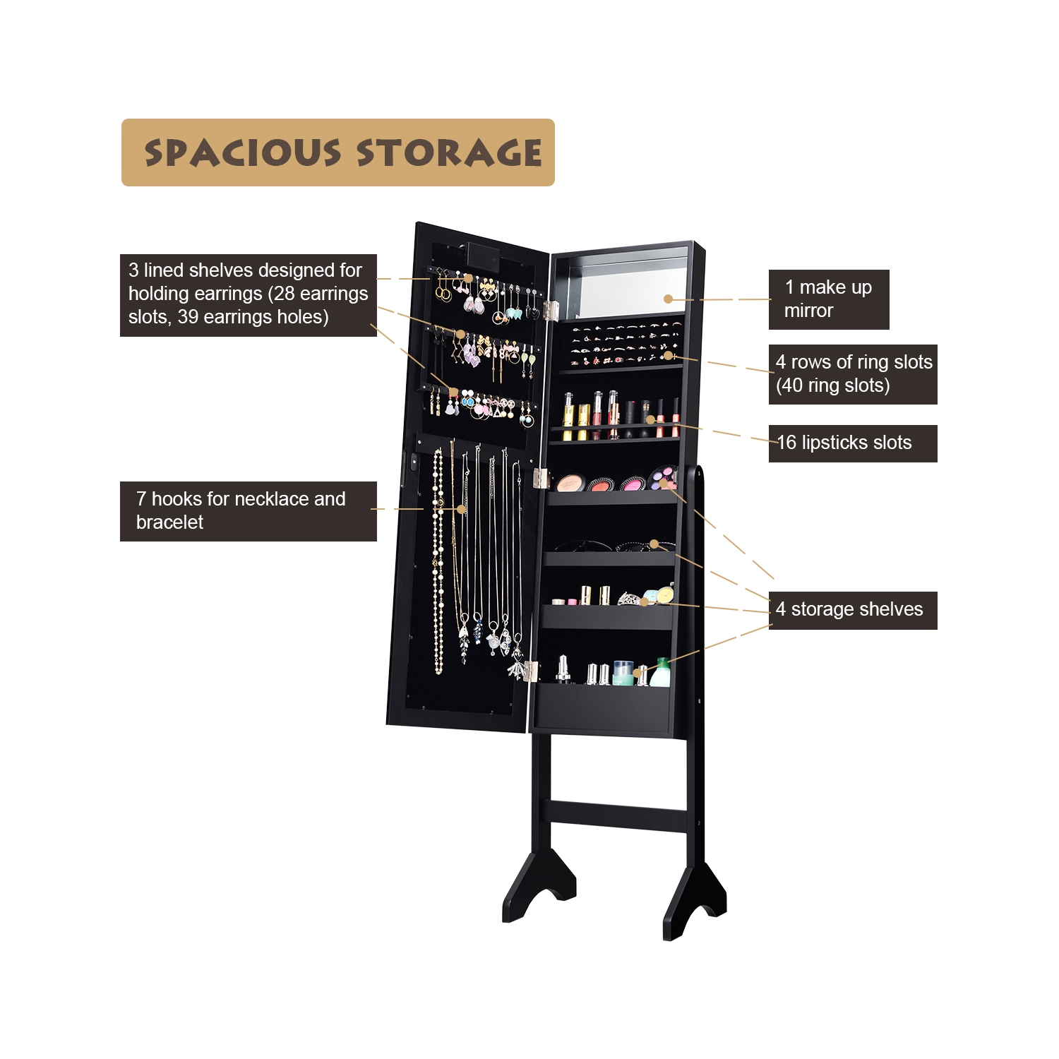 Armoire de bijoux en miroir Armoire Organisateur autoportant avec 18 lumières LED Noir