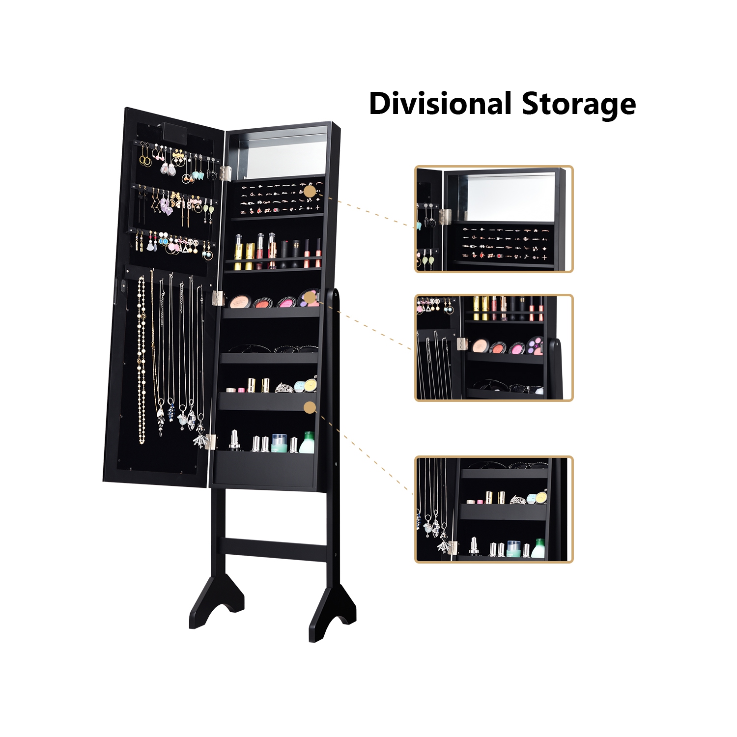 Armoire de bijoux en miroir Armoire Organisateur autoportant avec 18 lumières LED Noir