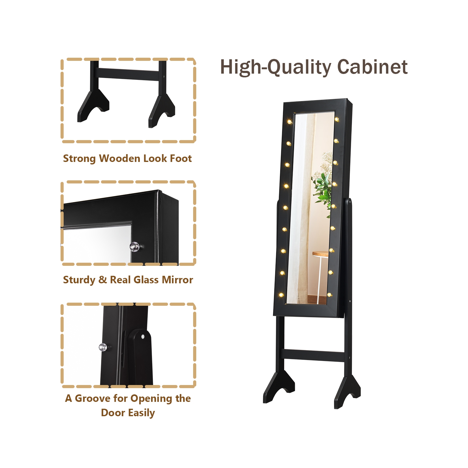 Armoire de bijoux en miroir Armoire Organisateur autoportant avec 18 lumières LED Noir