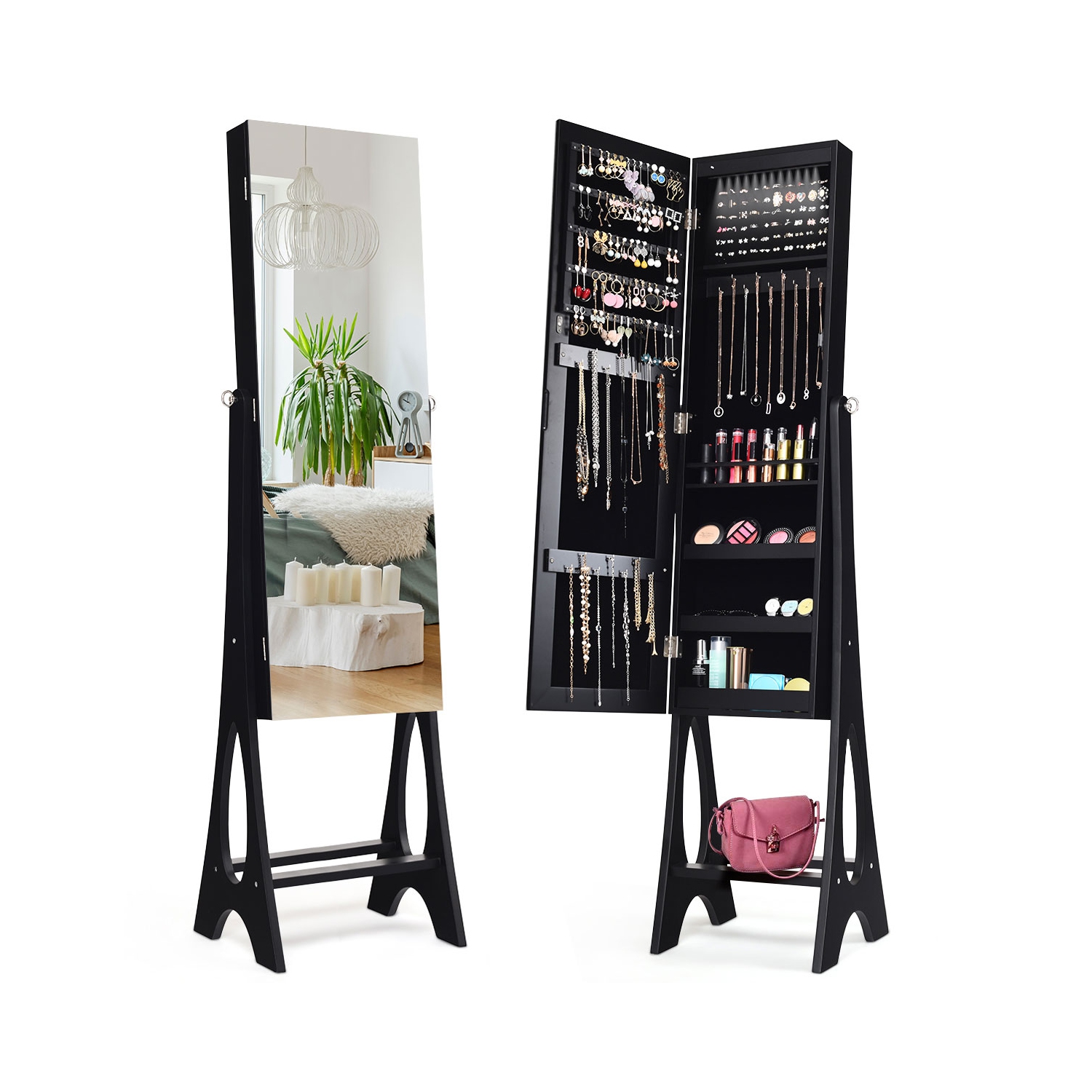 Costway LED Jewelry Cabinet Armoire Organizer Mirrored Standing w/ Bevel Edge Mirror