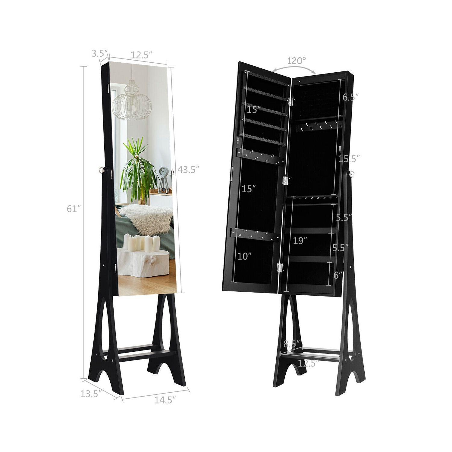 Costway LED Jewelry Cabinet Armoire Organizer Mirrored Standing w/ Bevel Edge Mirror