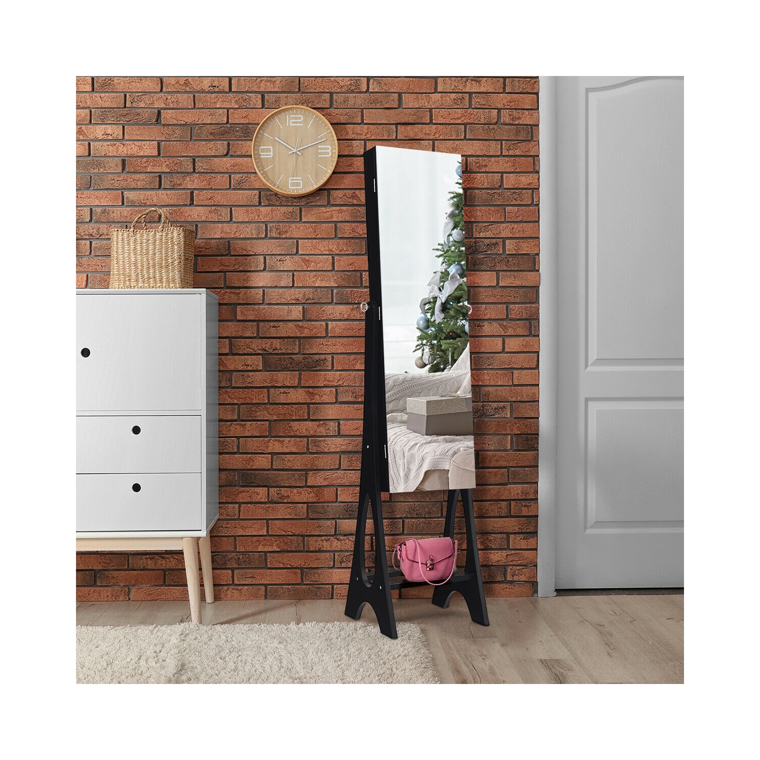 Costway LED Jewelry Cabinet Armoire Organizer Mirrored Standing w/ Bevel Edge Mirror