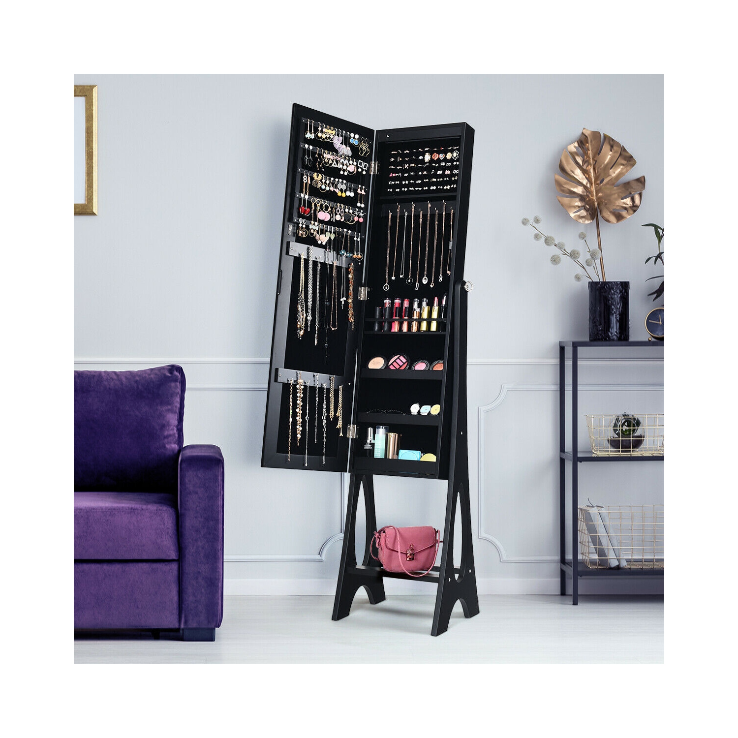 Costway LED Jewelry Cabinet Armoire Organizer Mirrored Standing w/ Bevel Edge Mirror