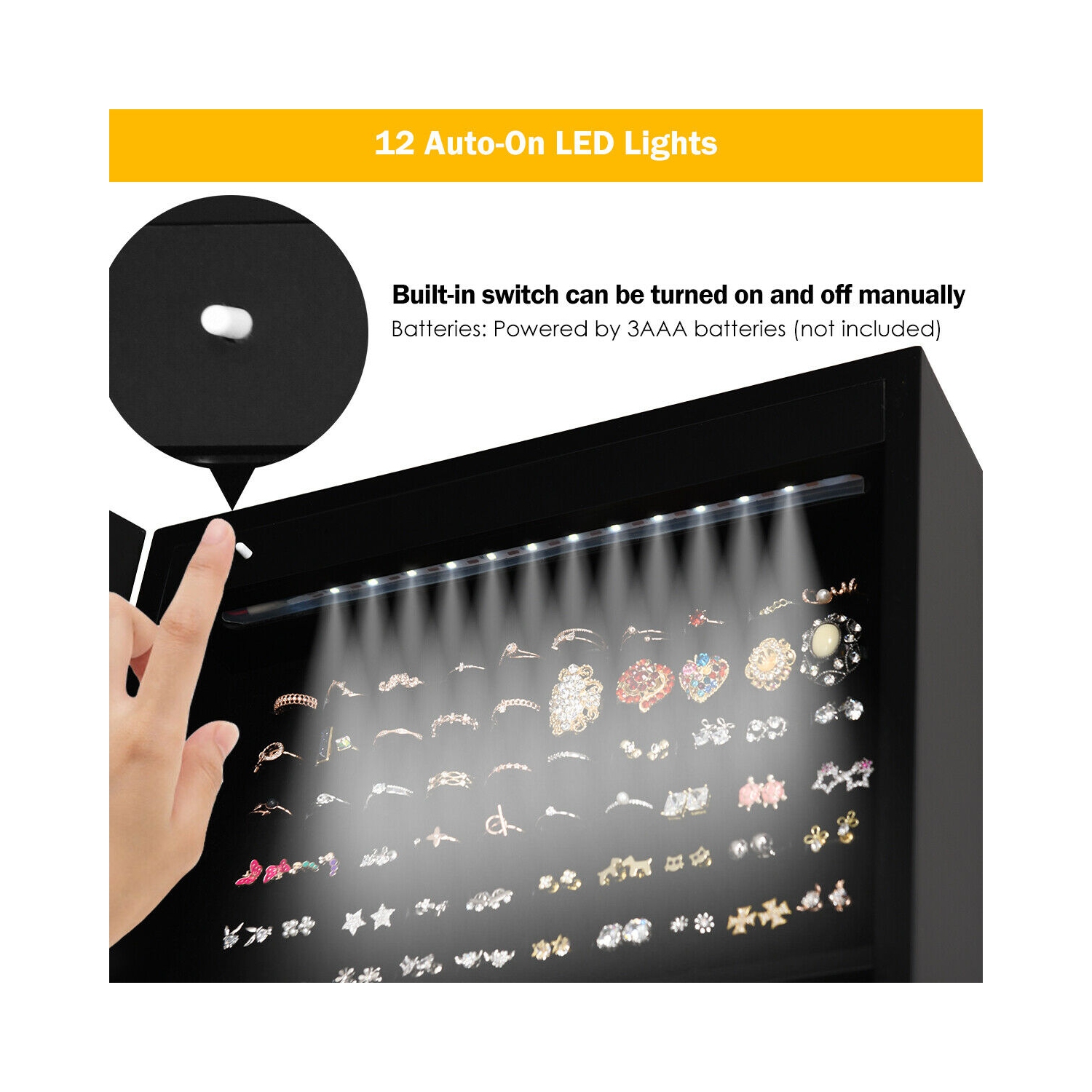 Costway LED Jewelry Cabinet Armoire Organizer Mirrored Standing w/ Bevel Edge Mirror