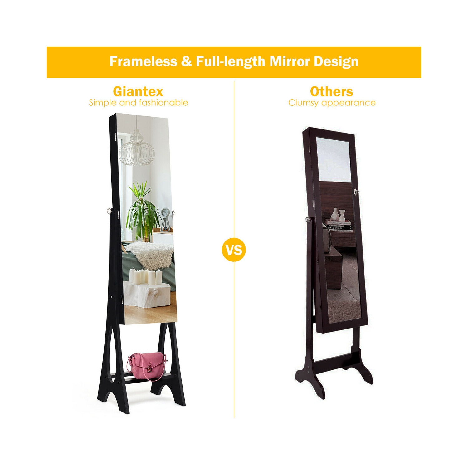 Costway LED Jewelry Cabinet Armoire Organizer Mirrored Standing w/ Bevel Edge Mirror