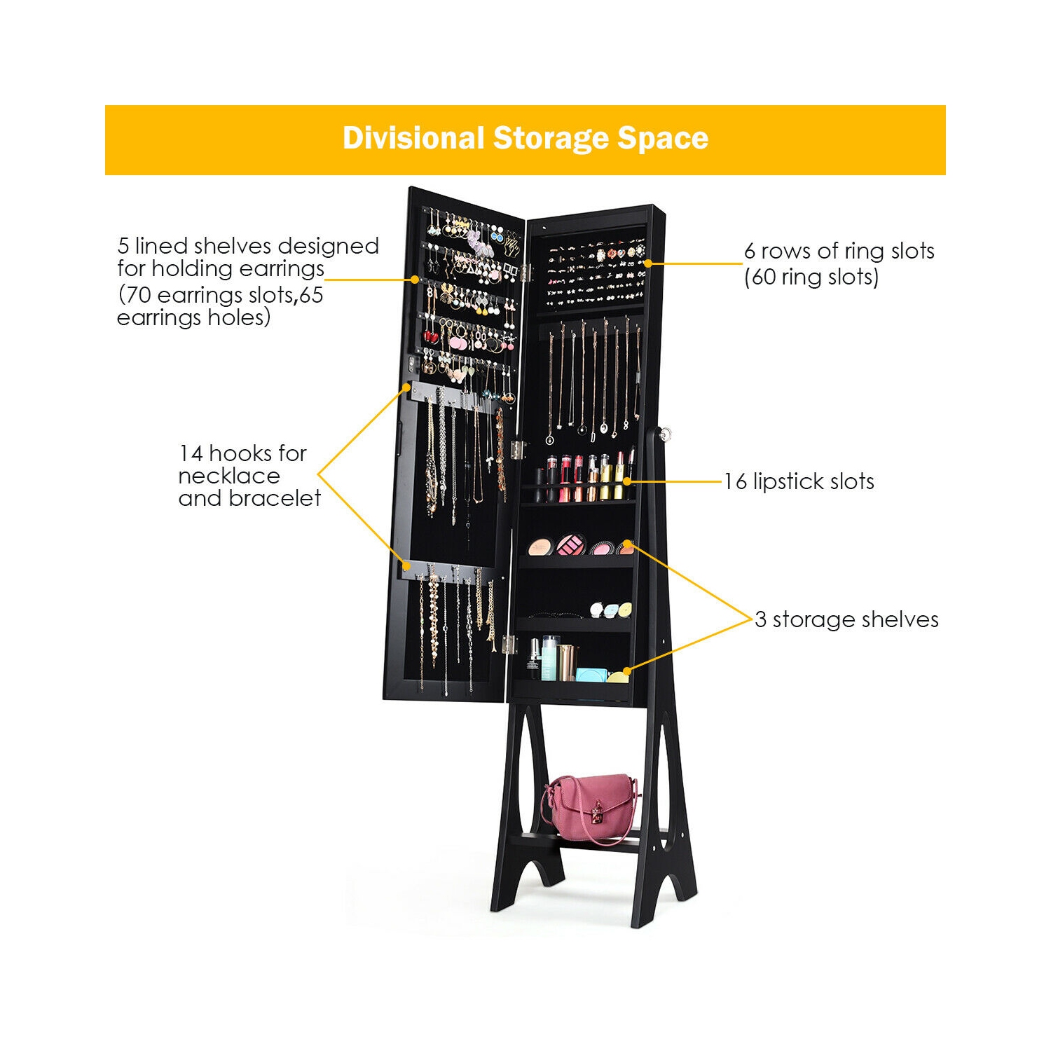 Costway LED Jewelry Cabinet Armoire Organizer Mirrored Standing w/ Bevel Edge Mirror