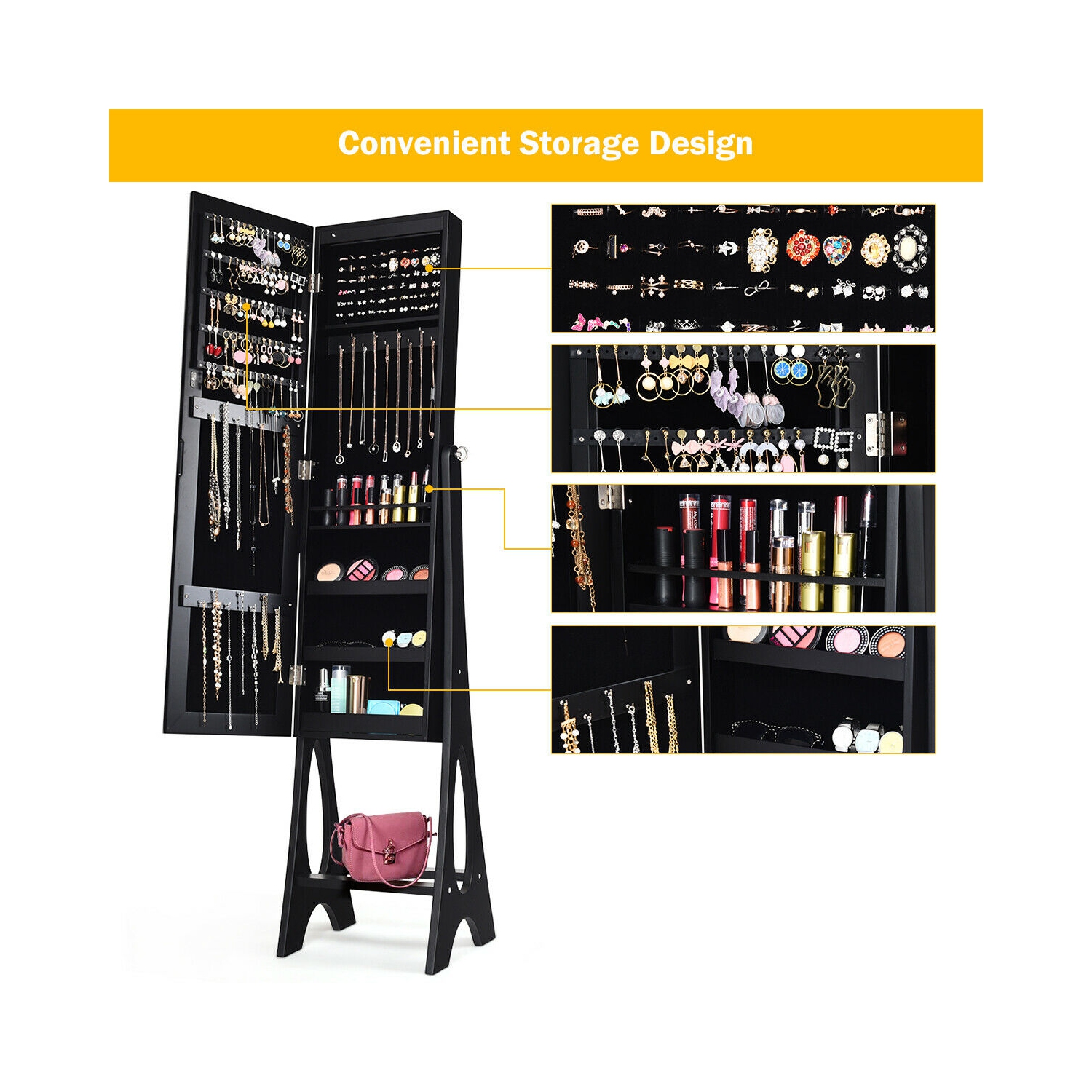 Costway LED Jewelry Cabinet Armoire Organizer Mirrored Standing w/ Bevel Edge Mirror