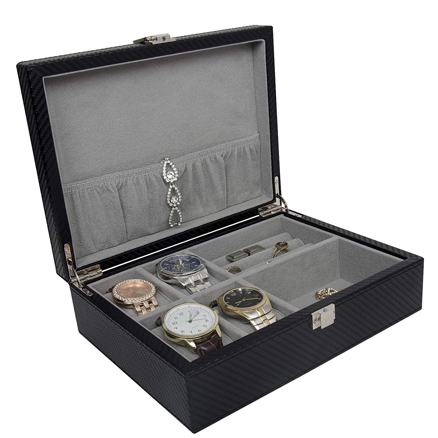 Boîte de rangement en cuir noir avec anneau pour montres